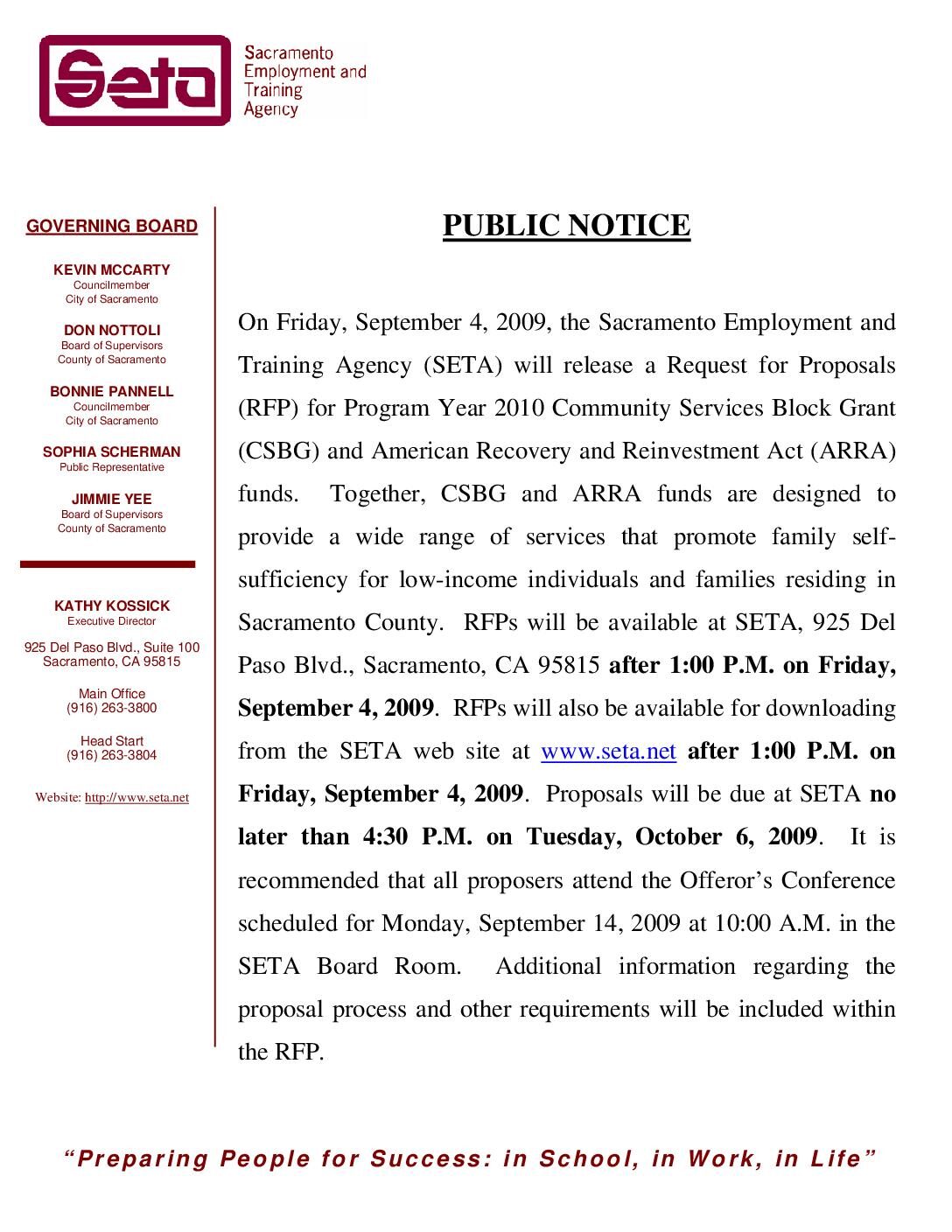 2010 Public Notice of CSBG and ARRA RFP Release