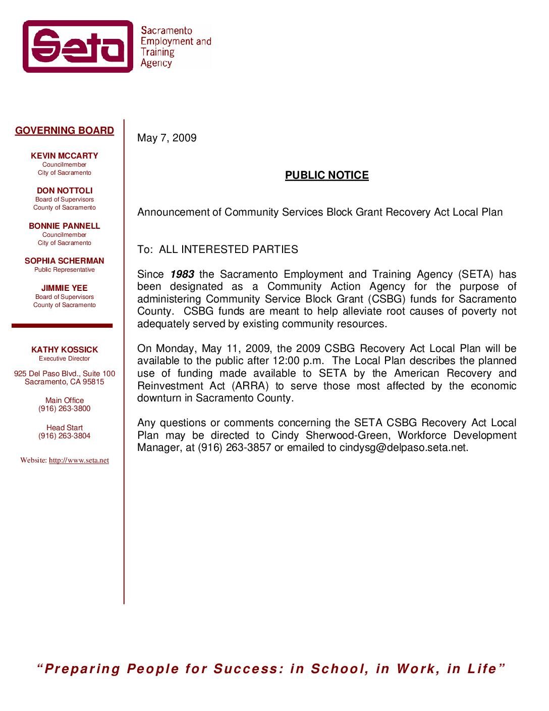 Community Services Block Grant Recovery Act Local Plan – Public Notice