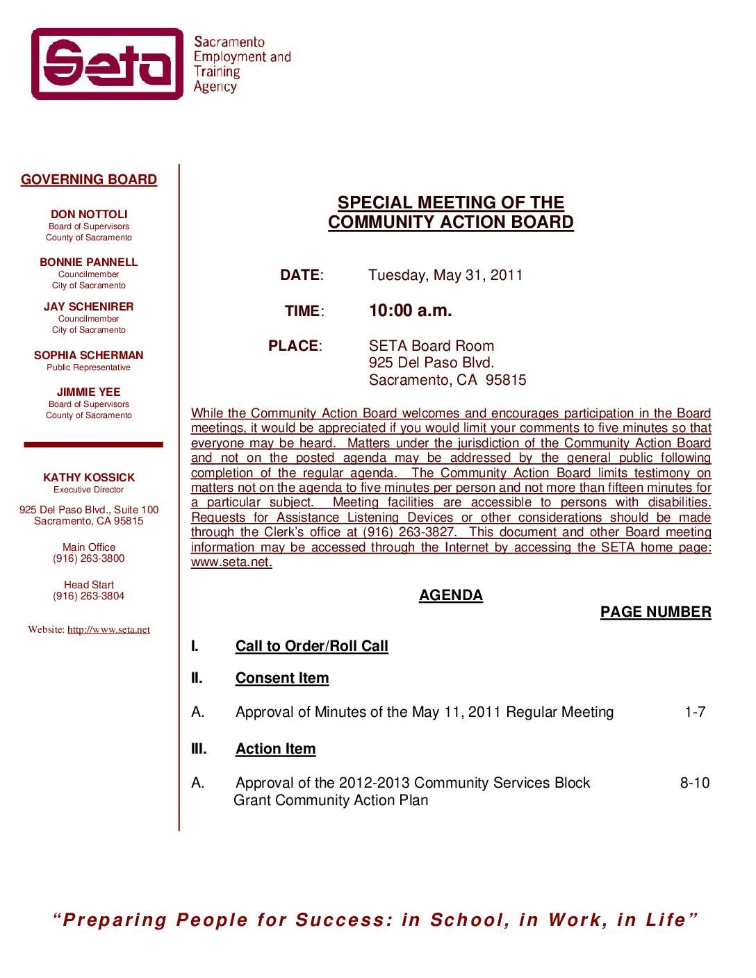 Special Community Action Board Meeting 5/31/11