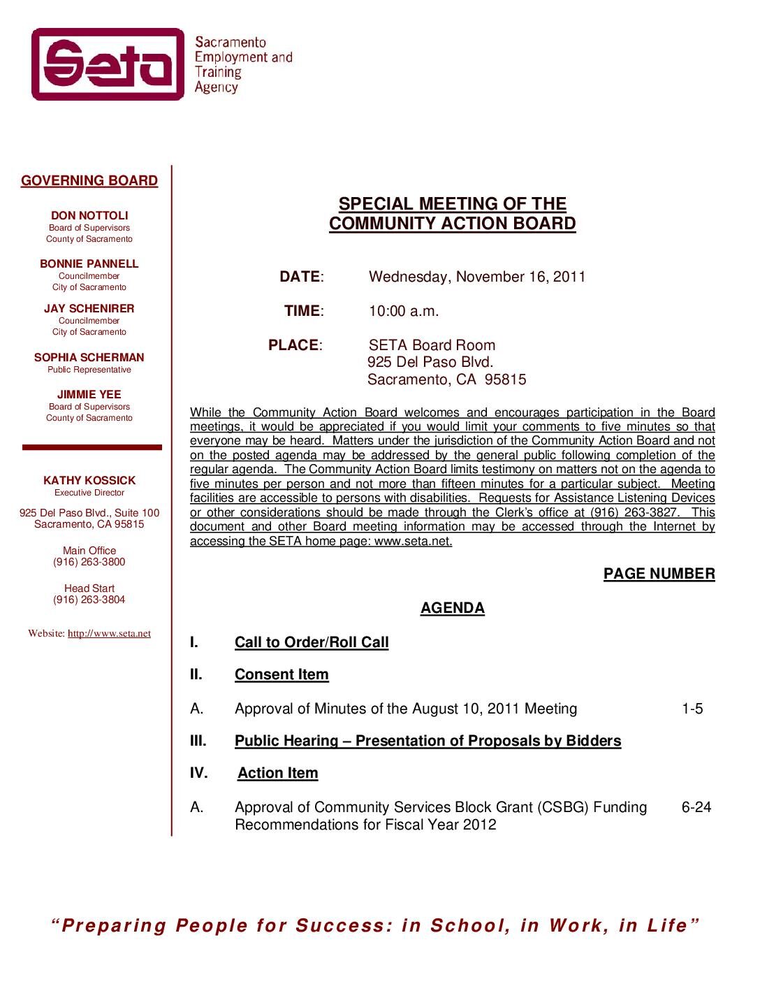 Special Community Action Board Meeting 11/16/11