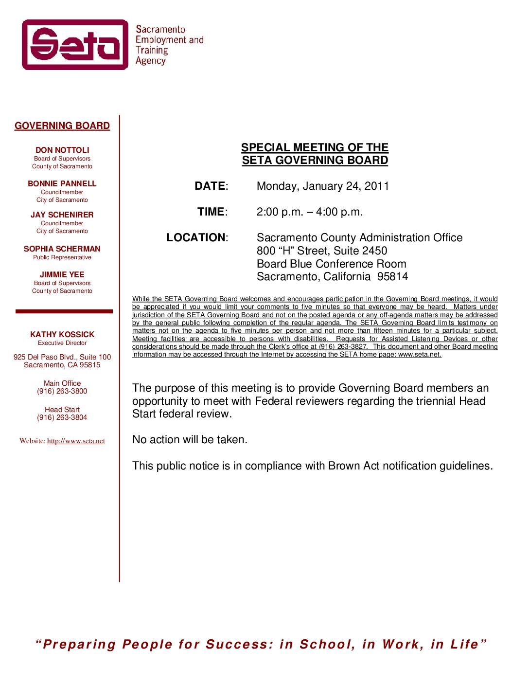 Governing Board Special Meeting 1/24/11 – Federal Reviewers