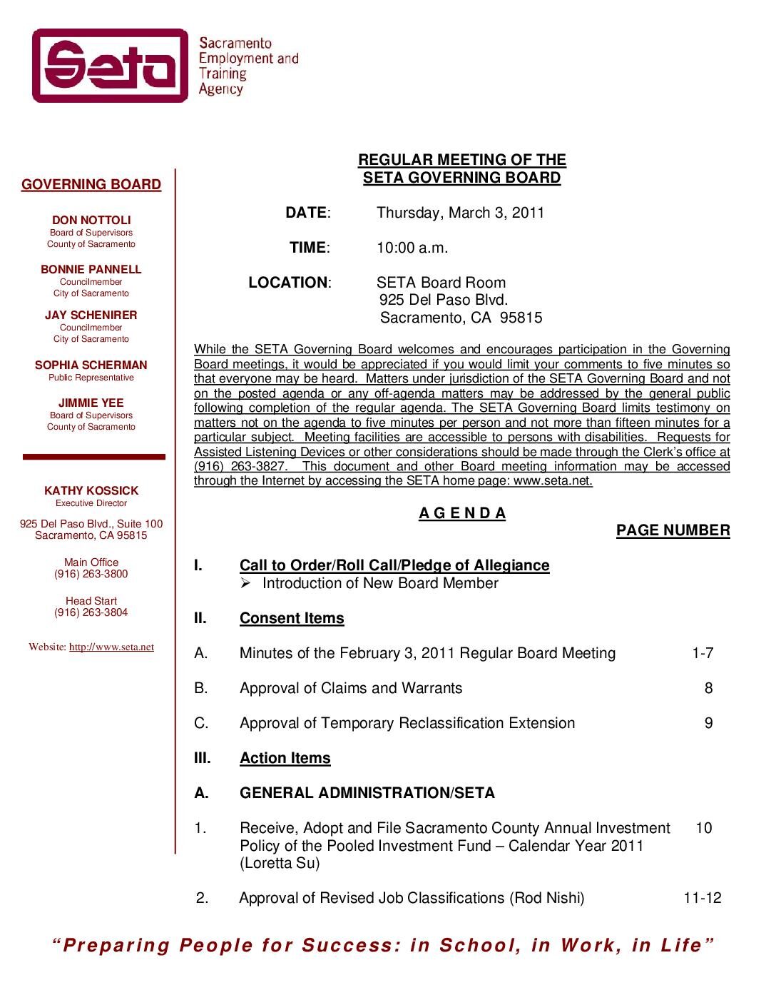 Governing Board Regular Meeting 3/3/11