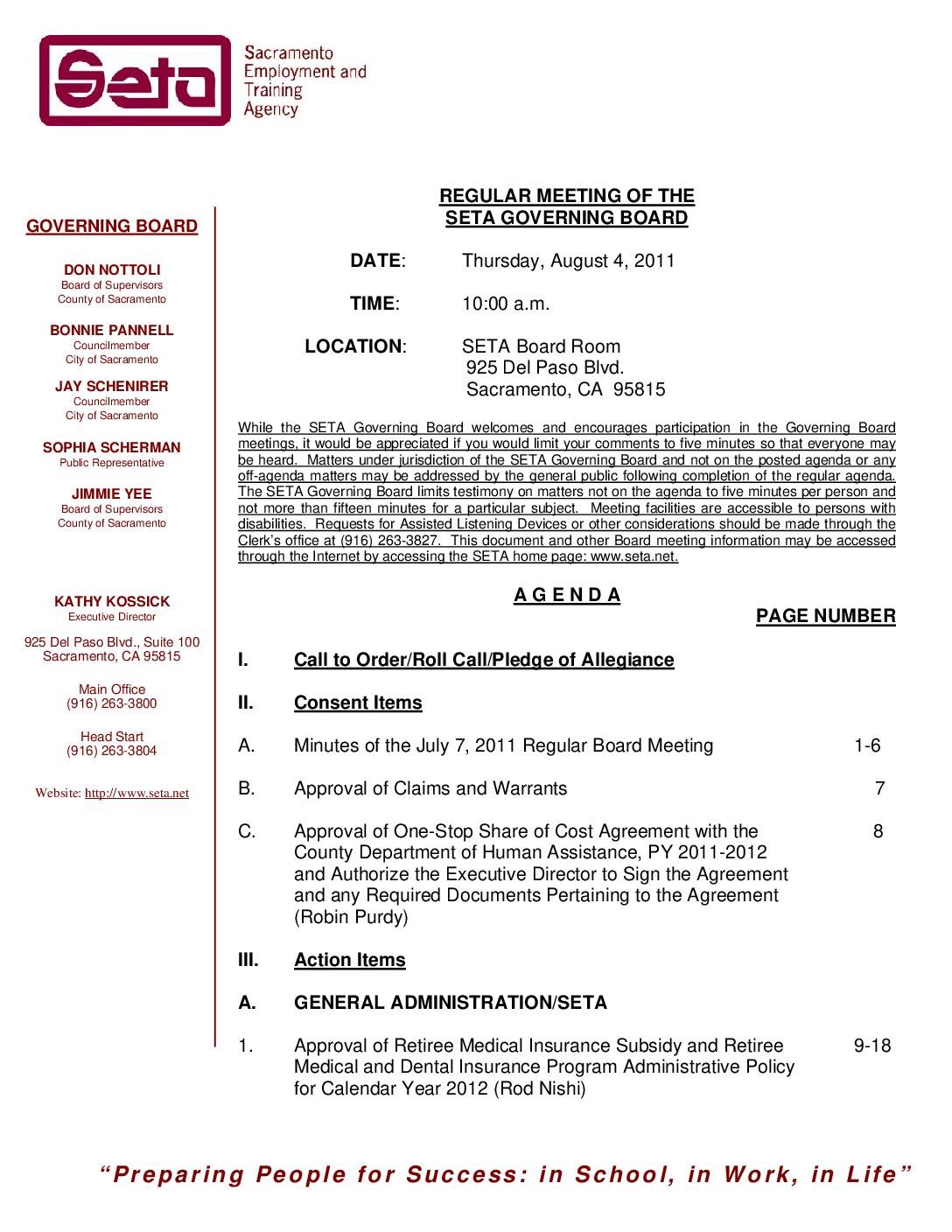 Governing Board Regular Meeting 8/4/11