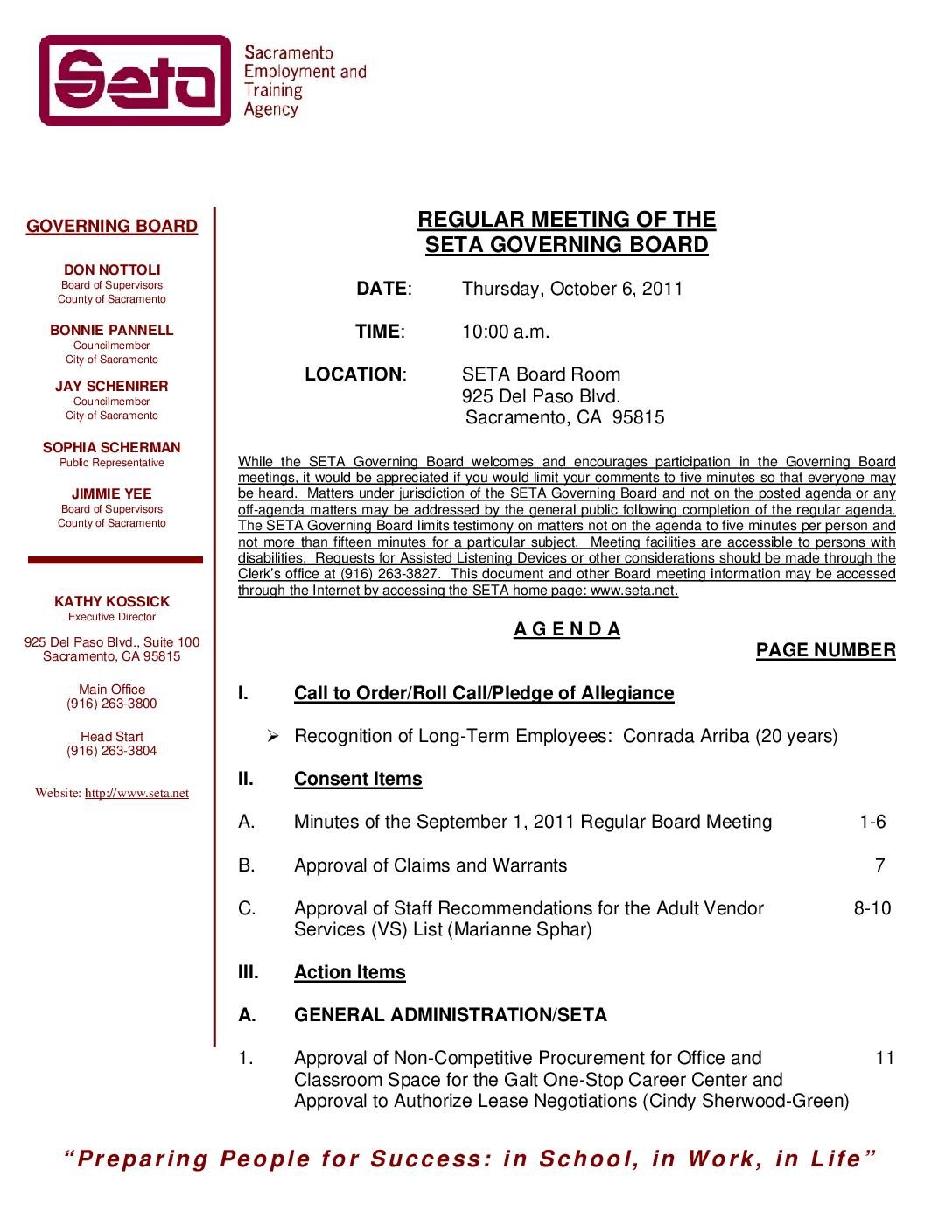 Governing Board Regular Meeting 10/6/11