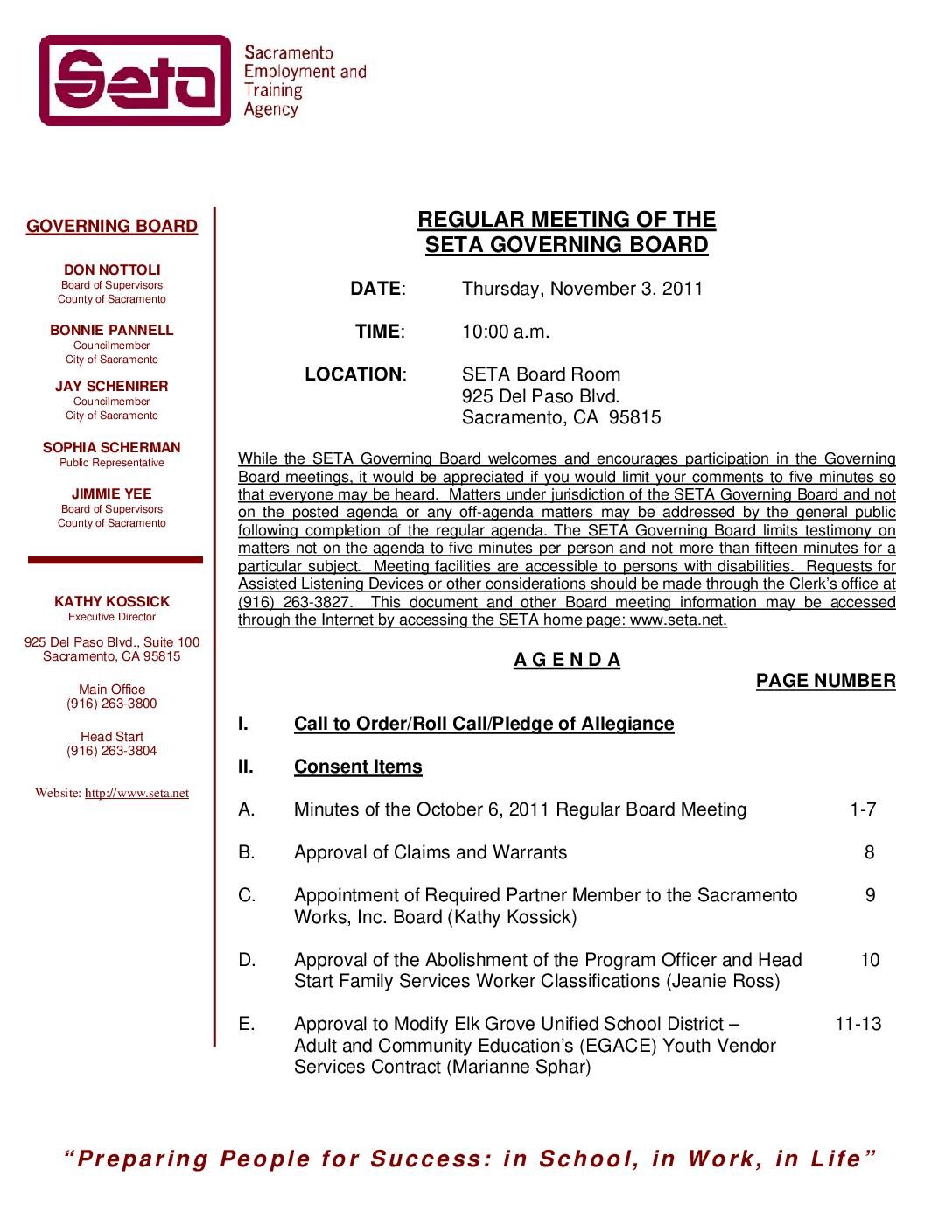 Governing Board Regular Meeting 11/03/11