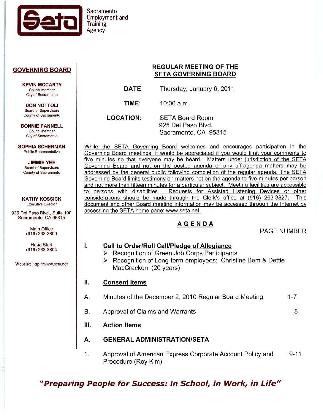 Governing Board Regular Meeting 1/6/11