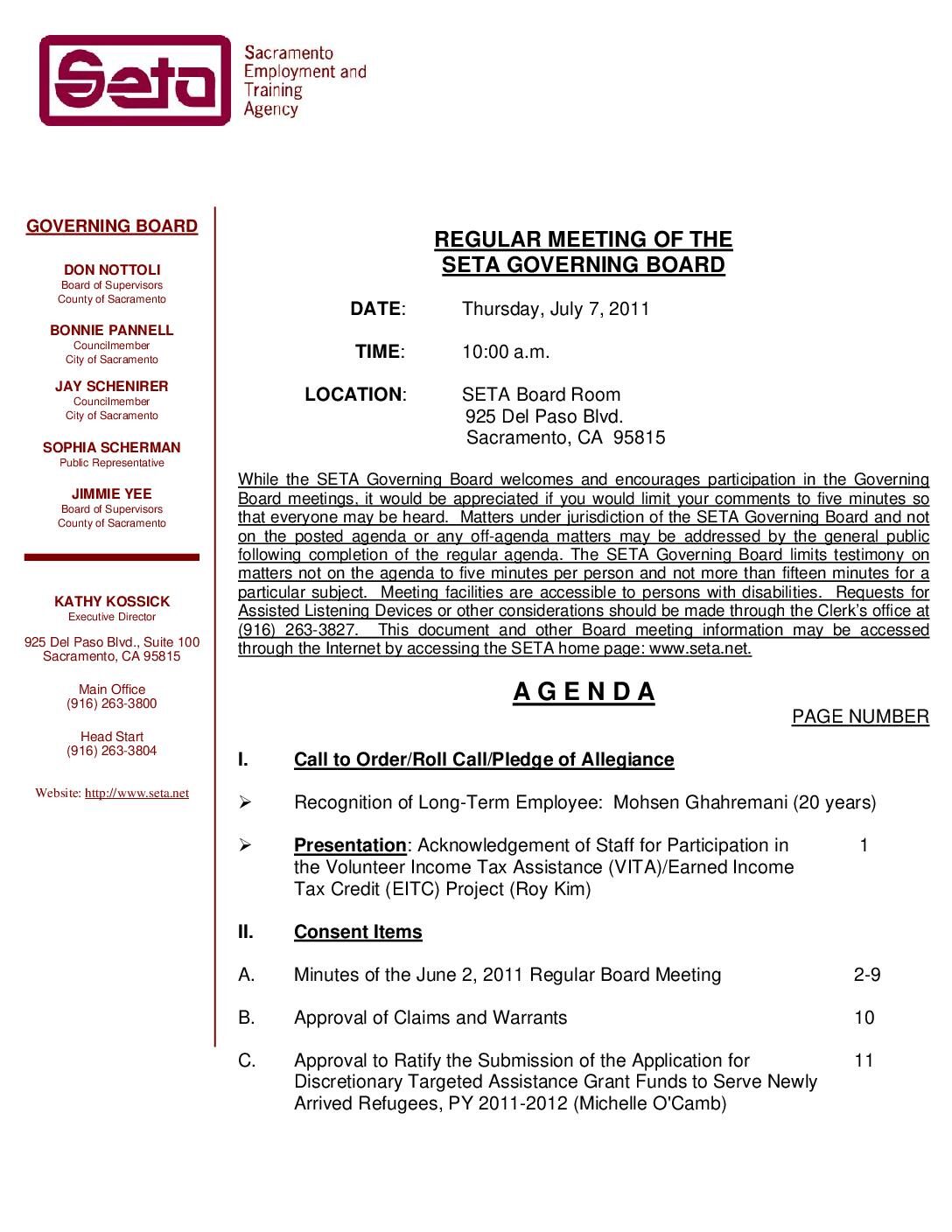 Governing Board Regular Meeting 7/7/11