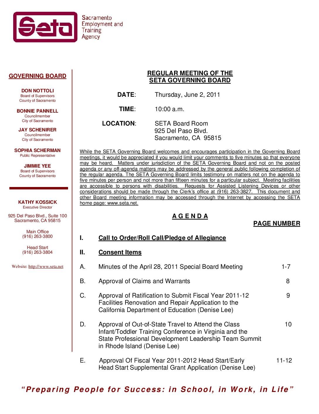 Governing Board Regular Meeting 6/2/11