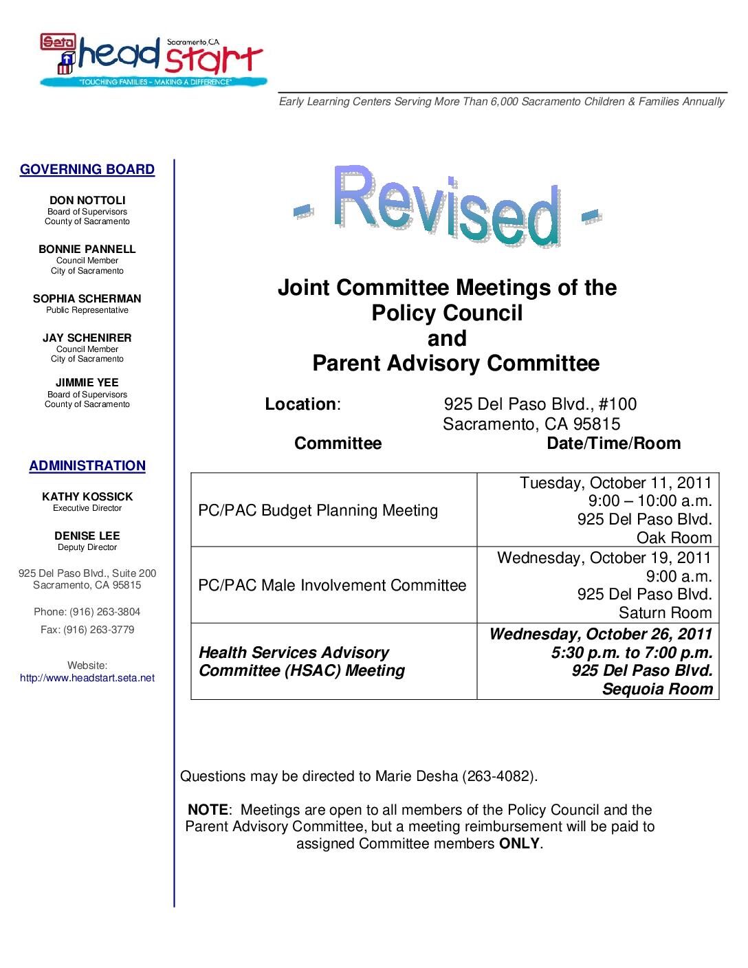 Joint PC & PAC Committee Meetings – 10/02/11 Revised