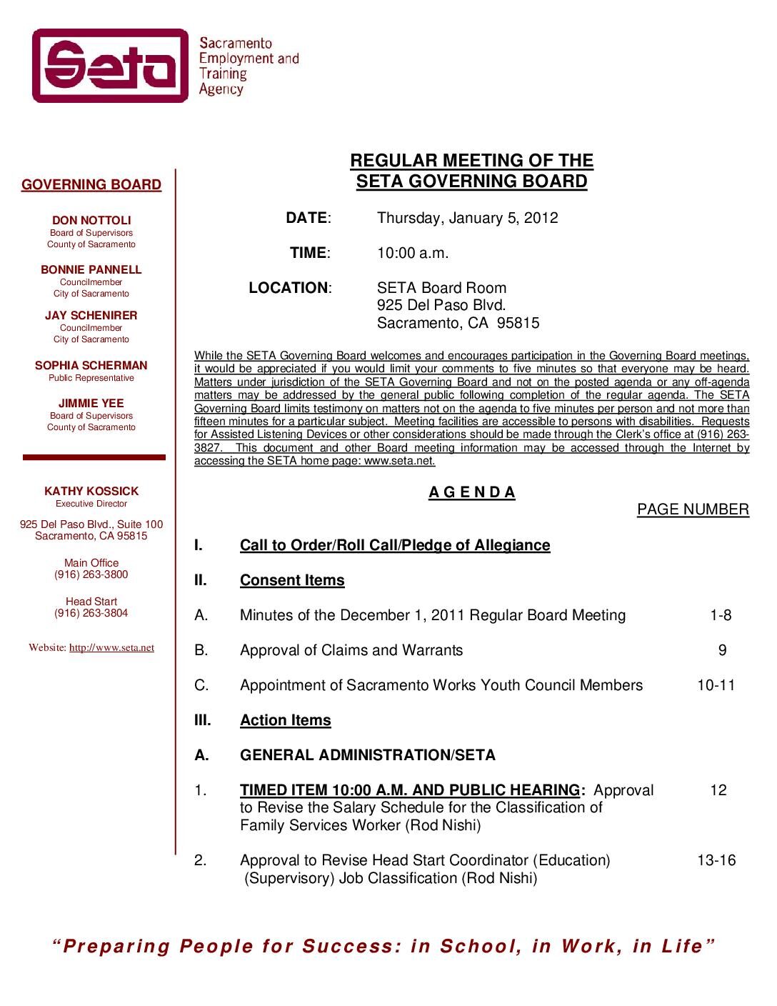 Governing Board Regular Meeting 1/05/2012