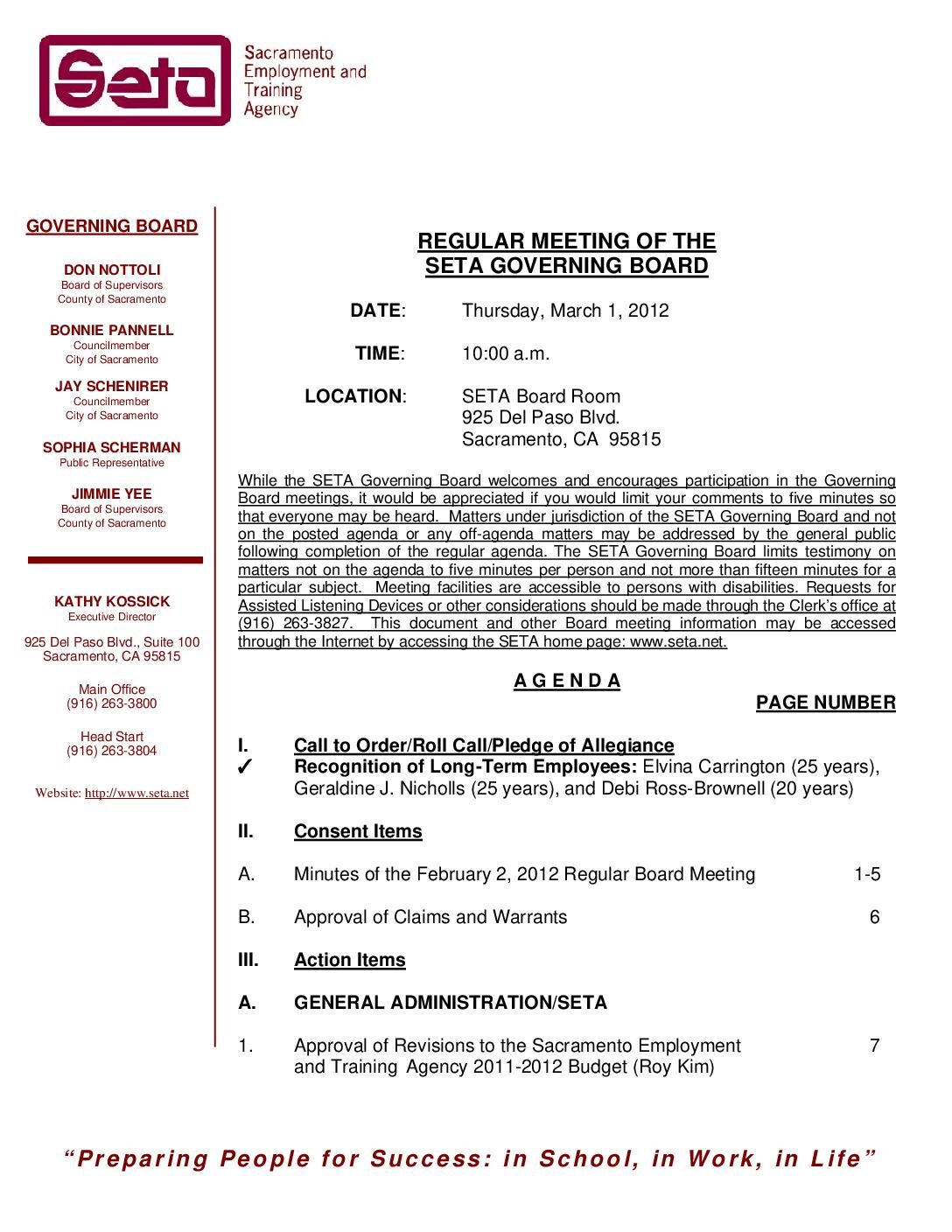 Governing Board Agenda for 3/1/12