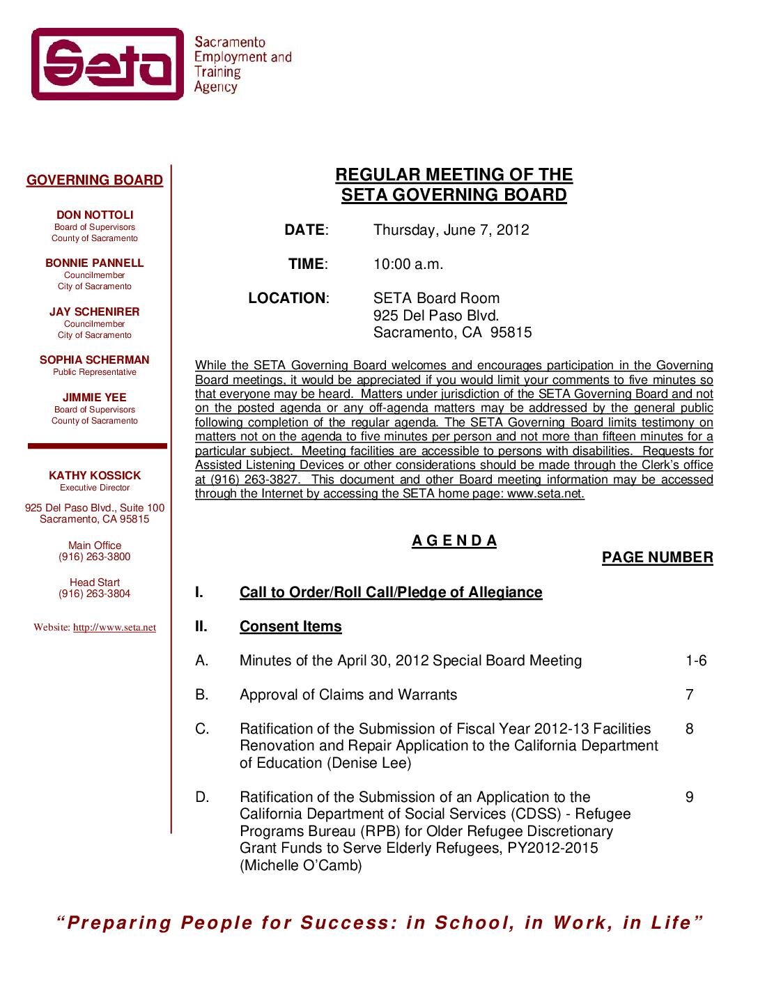Governing Board Agenda for 6/07/12