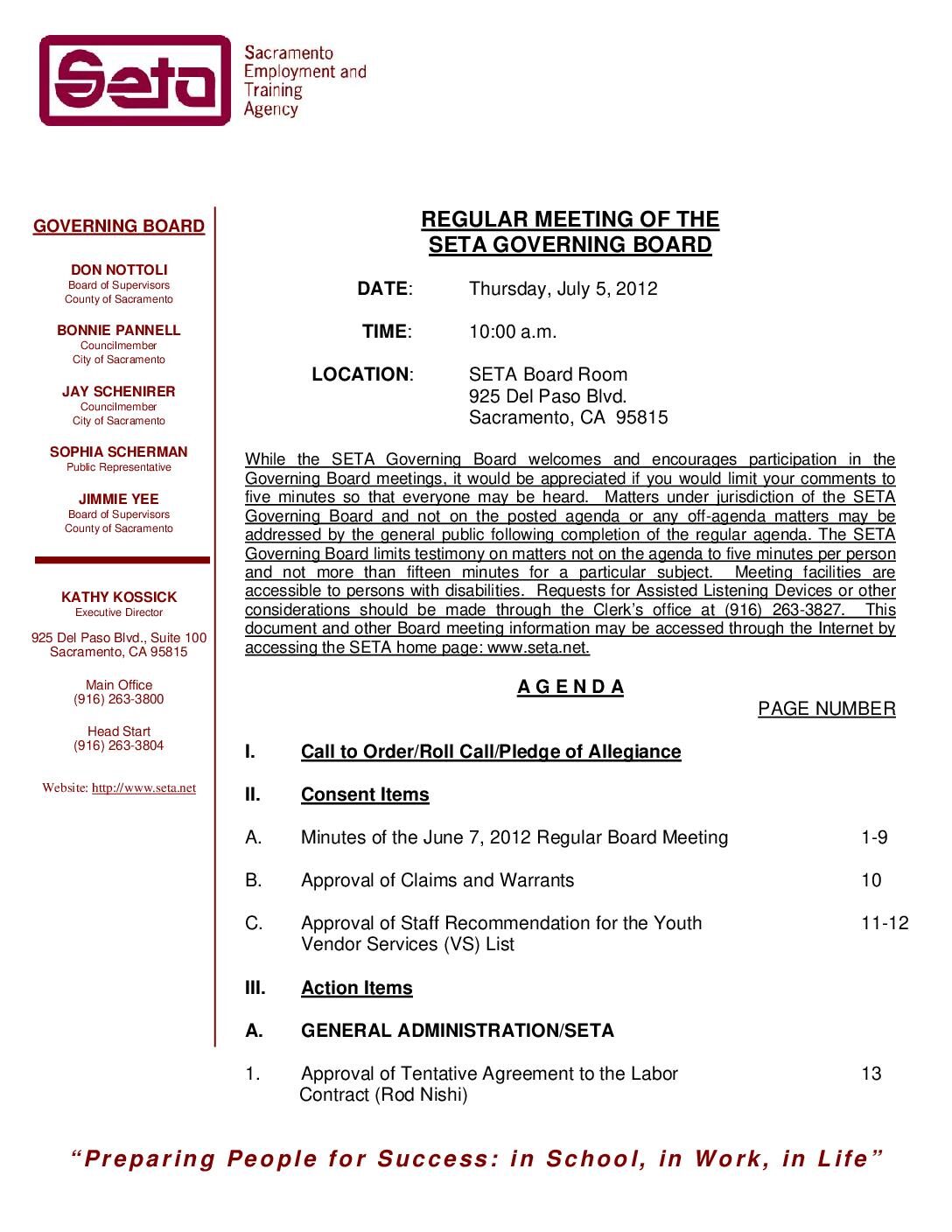 Governing Board Agenda for 7/05/12