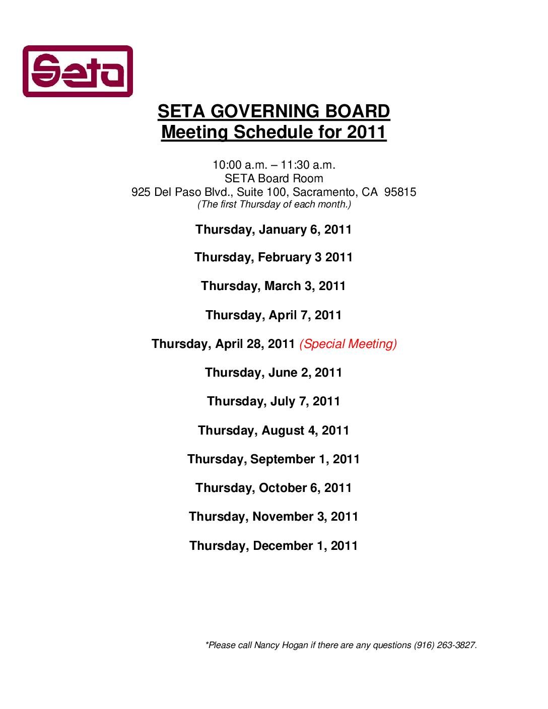 Governing Board Meeting Schedule for 2011