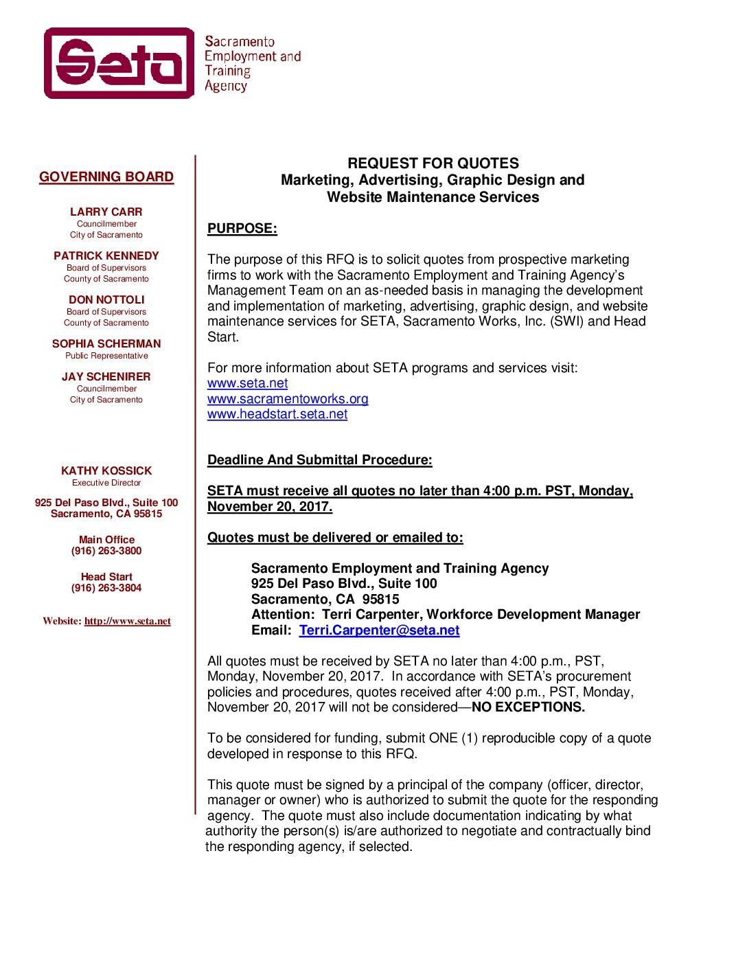 2017 SETA Request for Quotes – Marketing Services