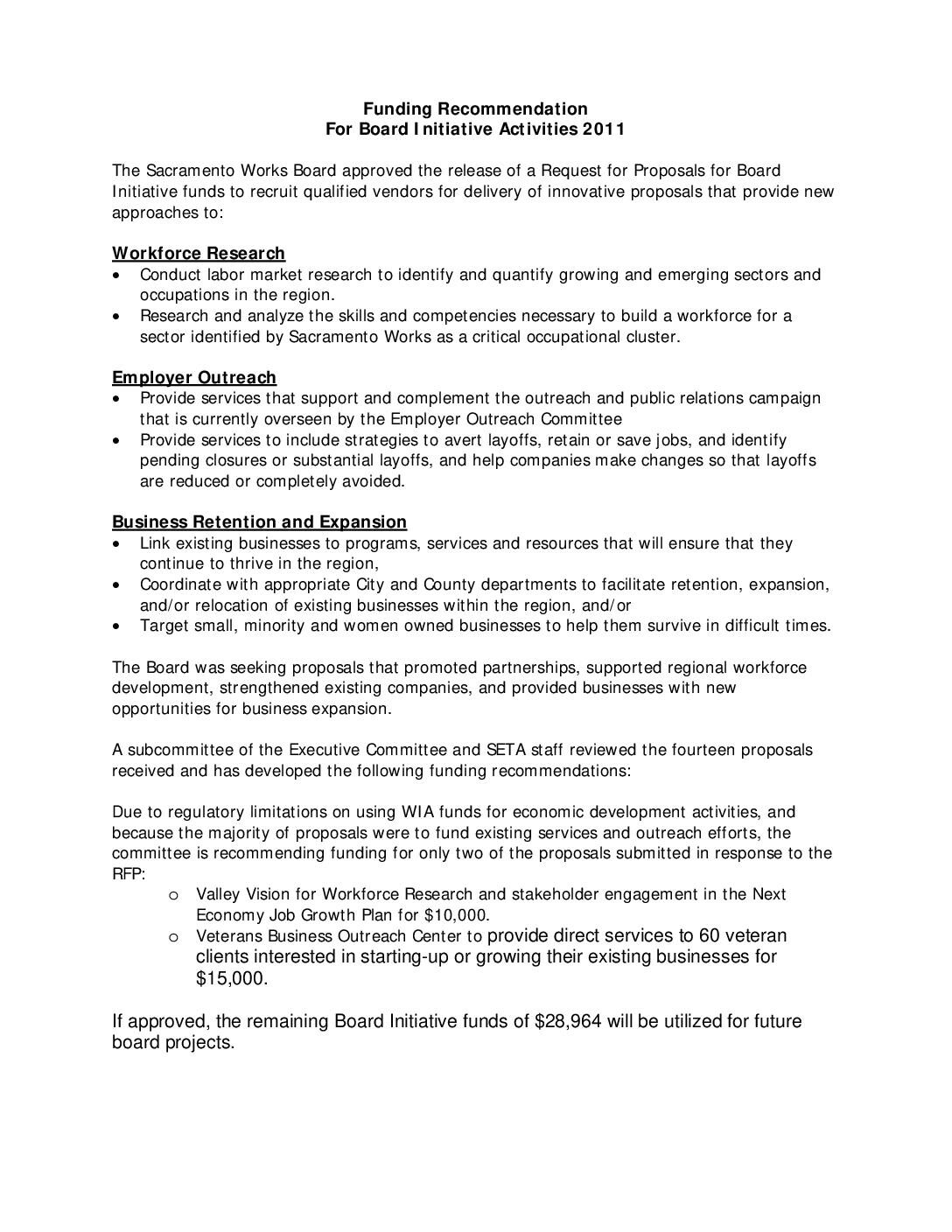 2011 Board Initiative Funding Recommendations