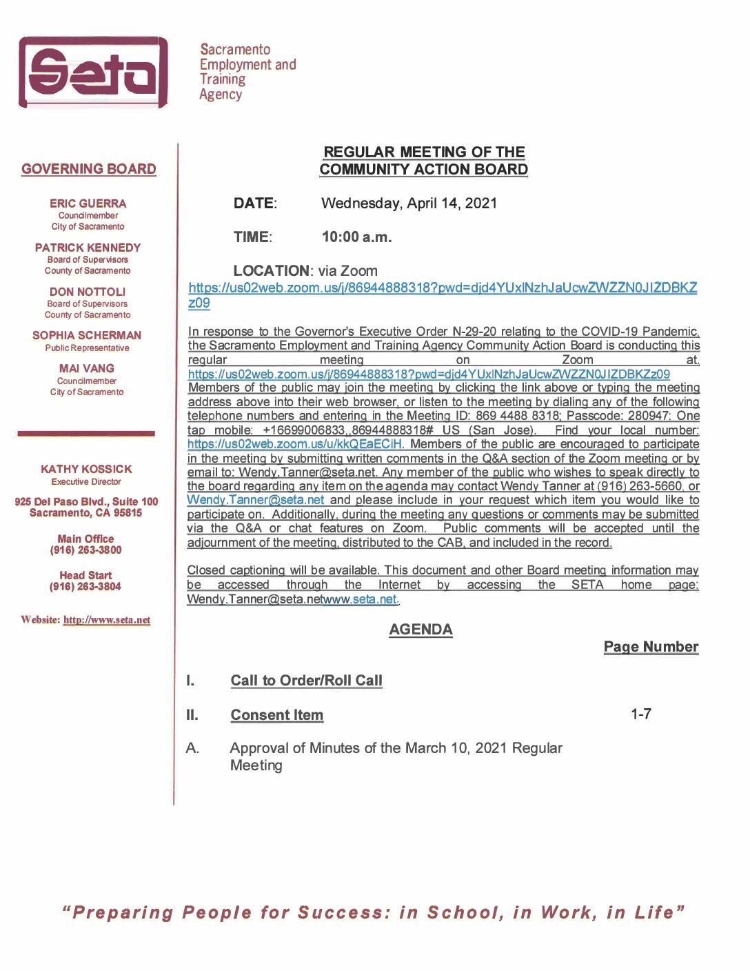 Regular Meeting of the Community action Board 04/14/2021