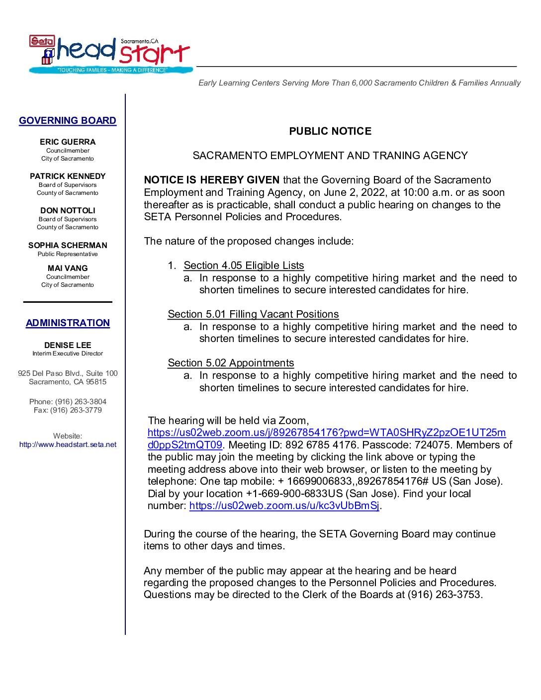 Public Notice on Changes to Personnel Policies and Procedures