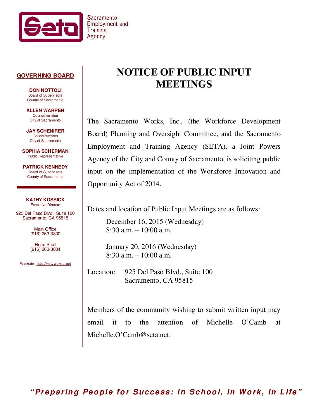 Notice of Public Input Meetings on the Implementaion of WIOA
