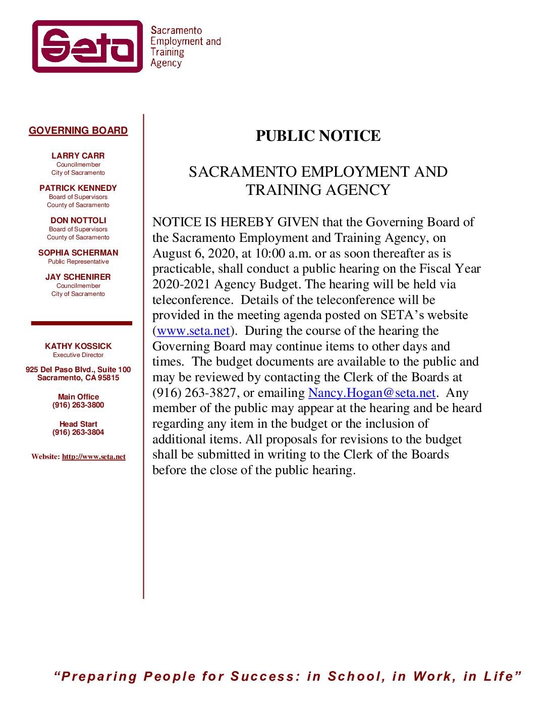PUBLIC NOTICE – 2020/2021 SETA Budget Hearing