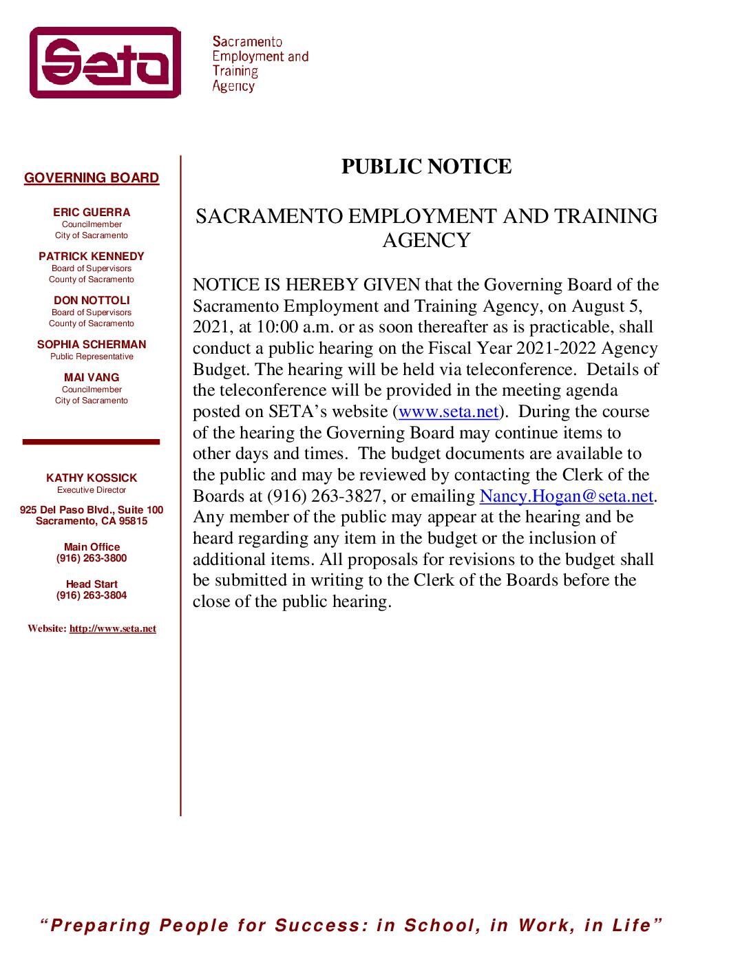 Public Notice: SETA Budget Hearing FY2021/2022