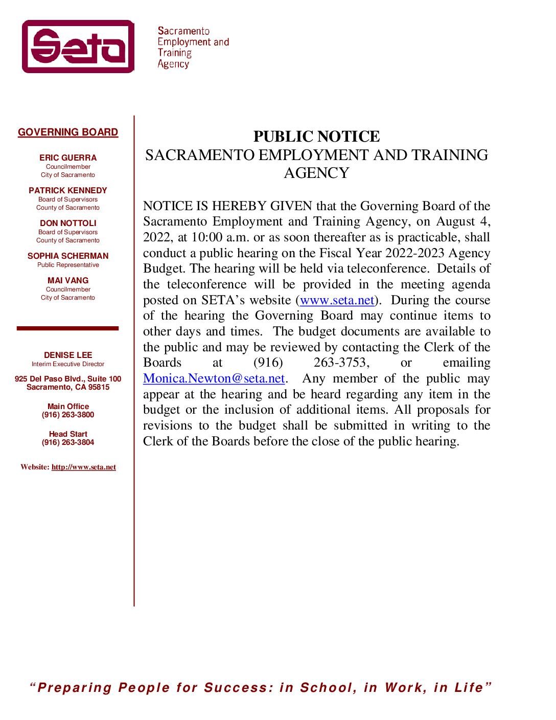 Public Notice: SETA Budget Hearing FY2022/2023