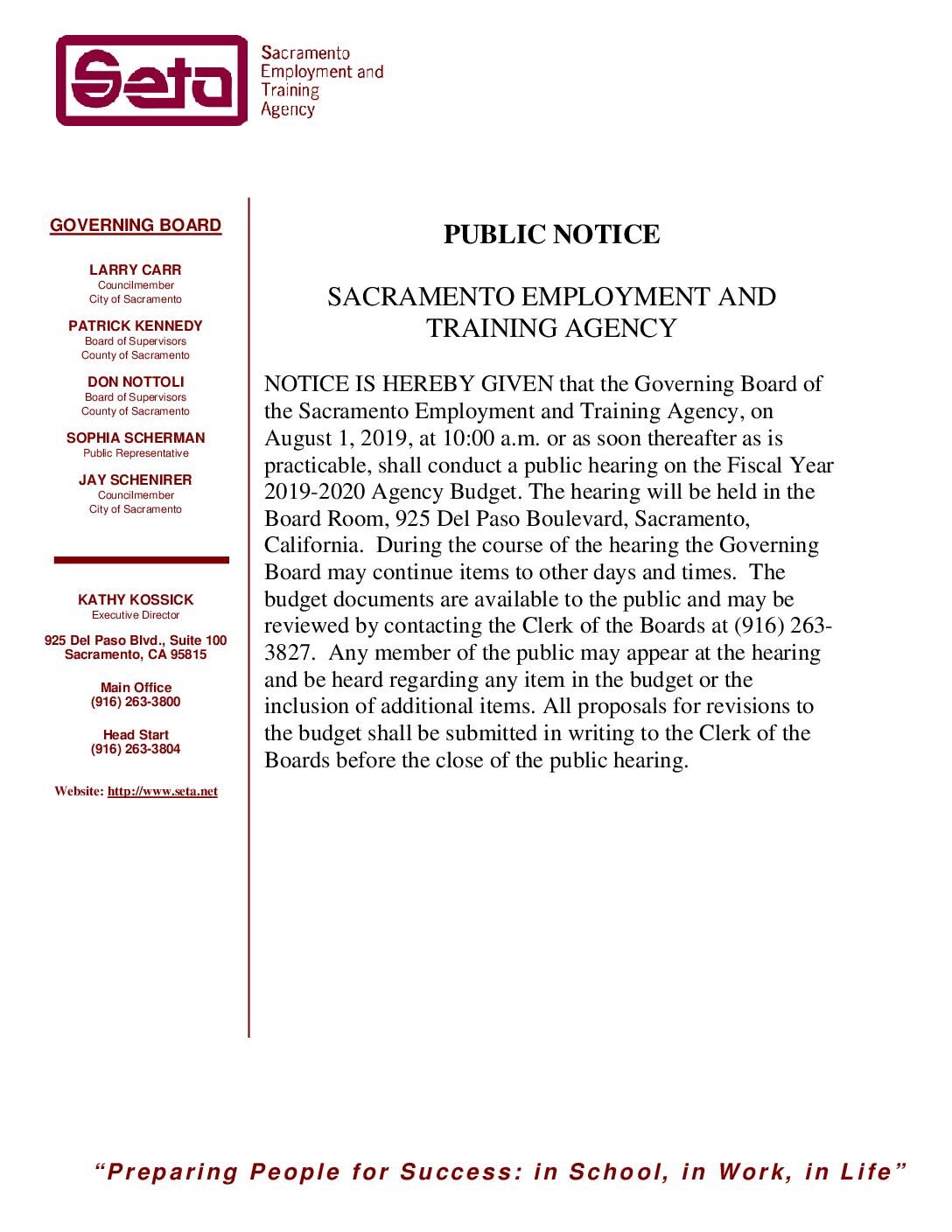 PUBLIC NOTICE – Budget Hearing – SETA website
