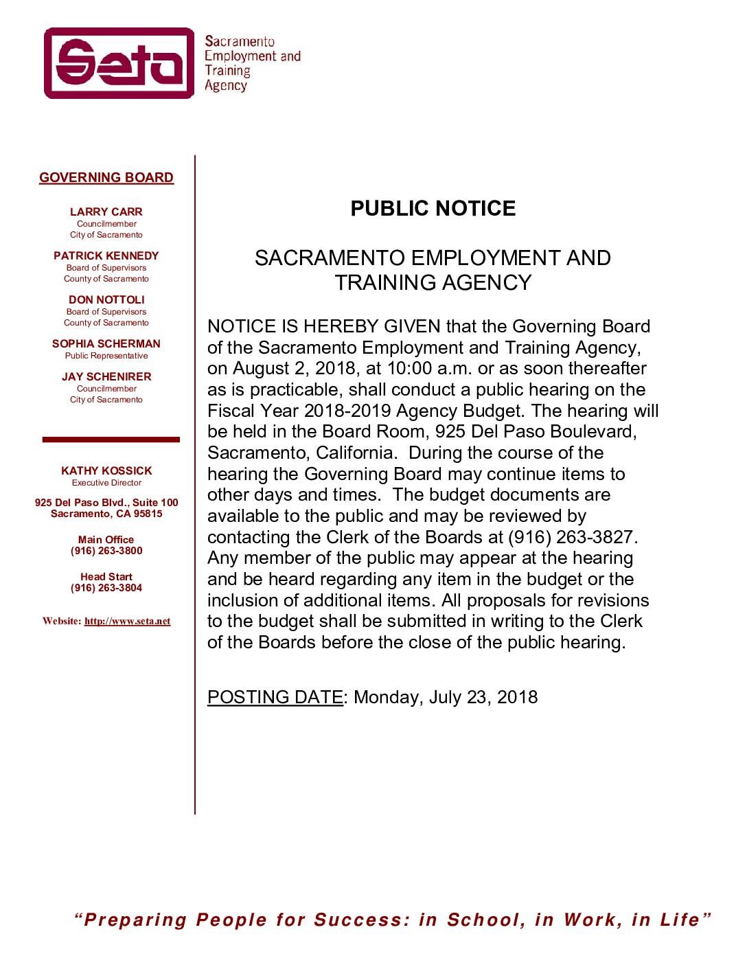 Public Notice of Budget Hearing 8/2/18