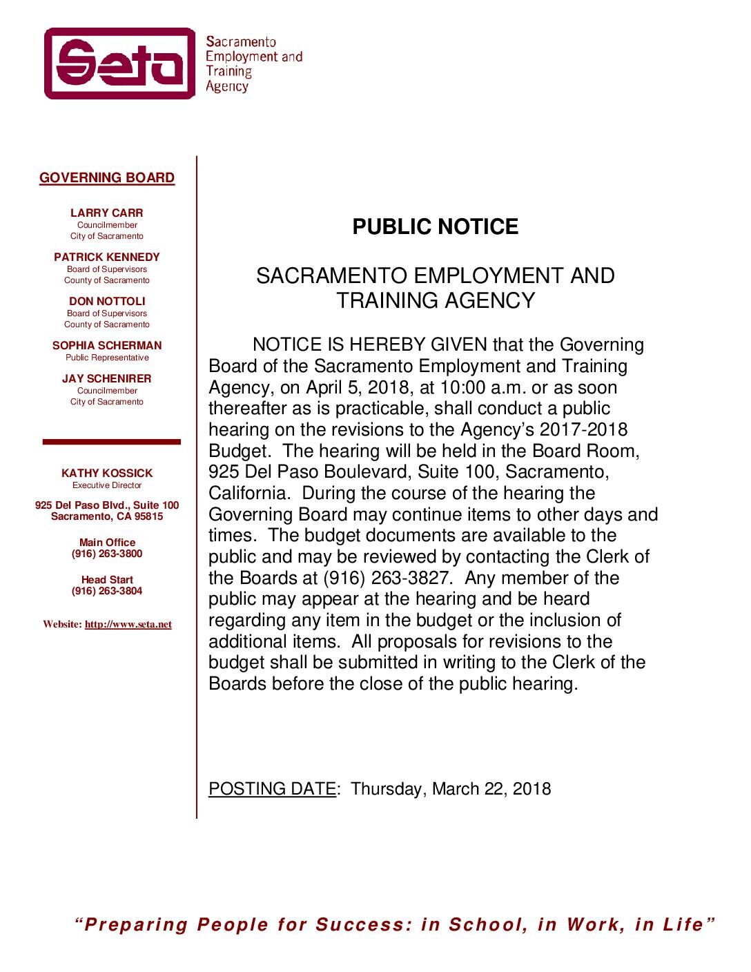 Public Notice of Budget Revisions Hearing