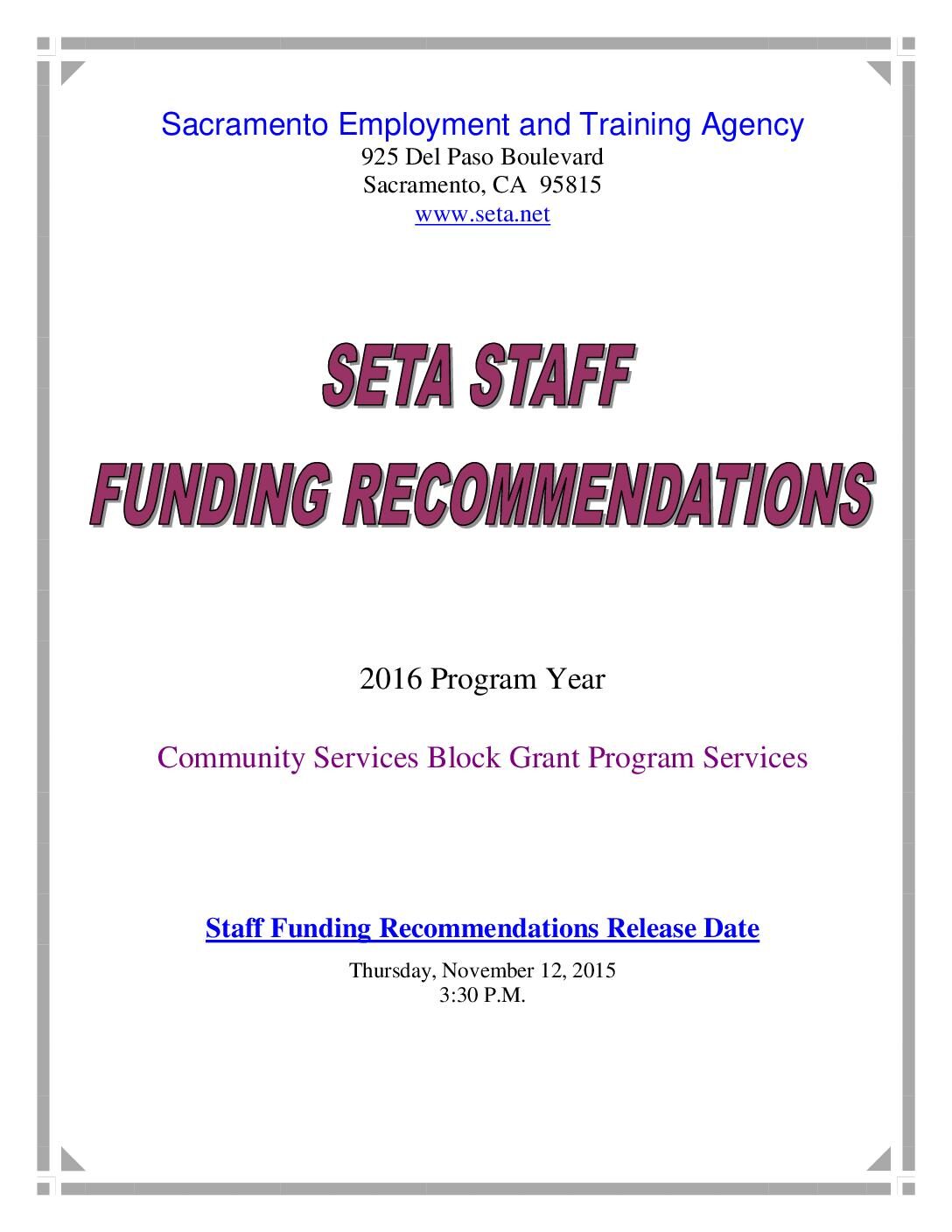 PY2016 CSBG Staff Funding Recommendations