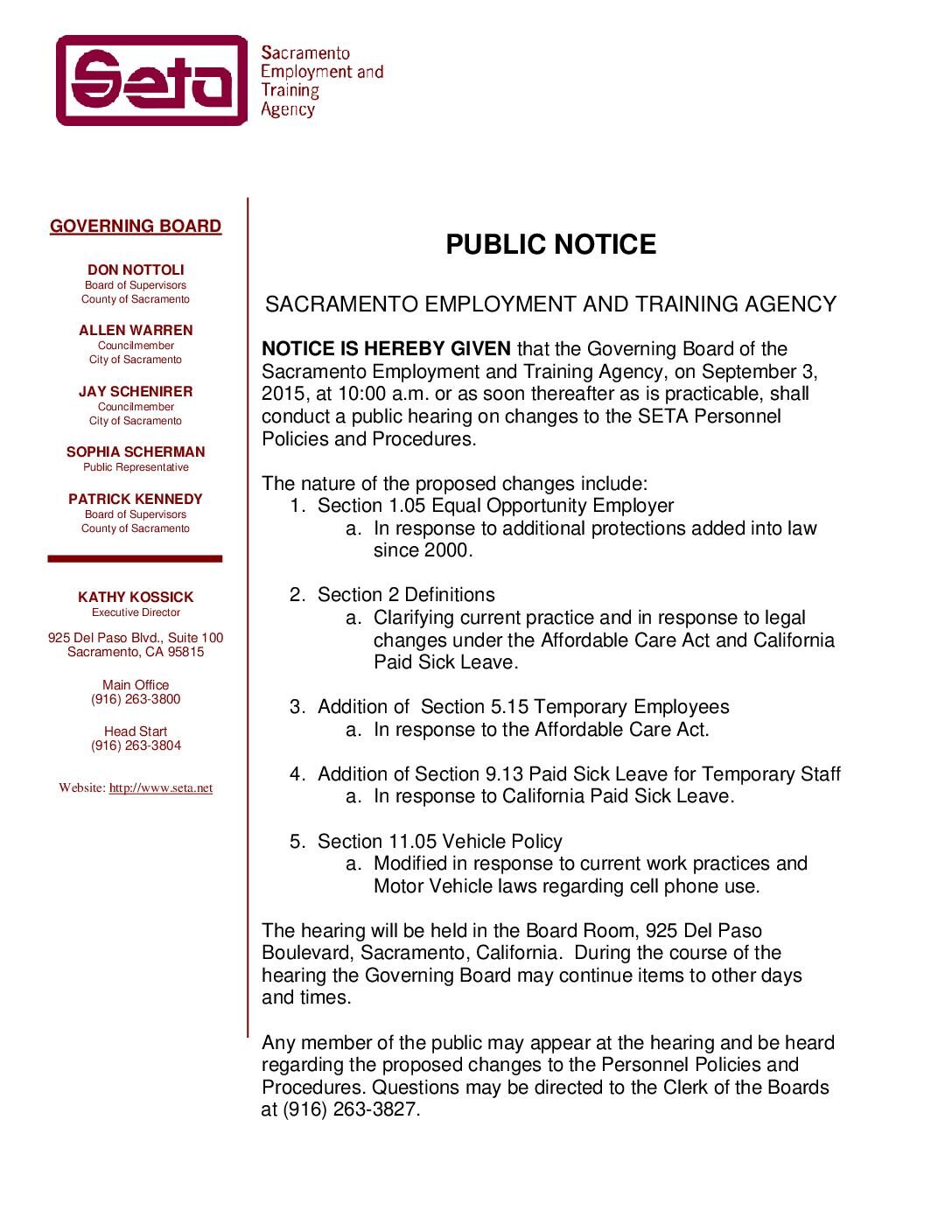 Public Notice on Changes to the SETA Personnel Policies and Procedures