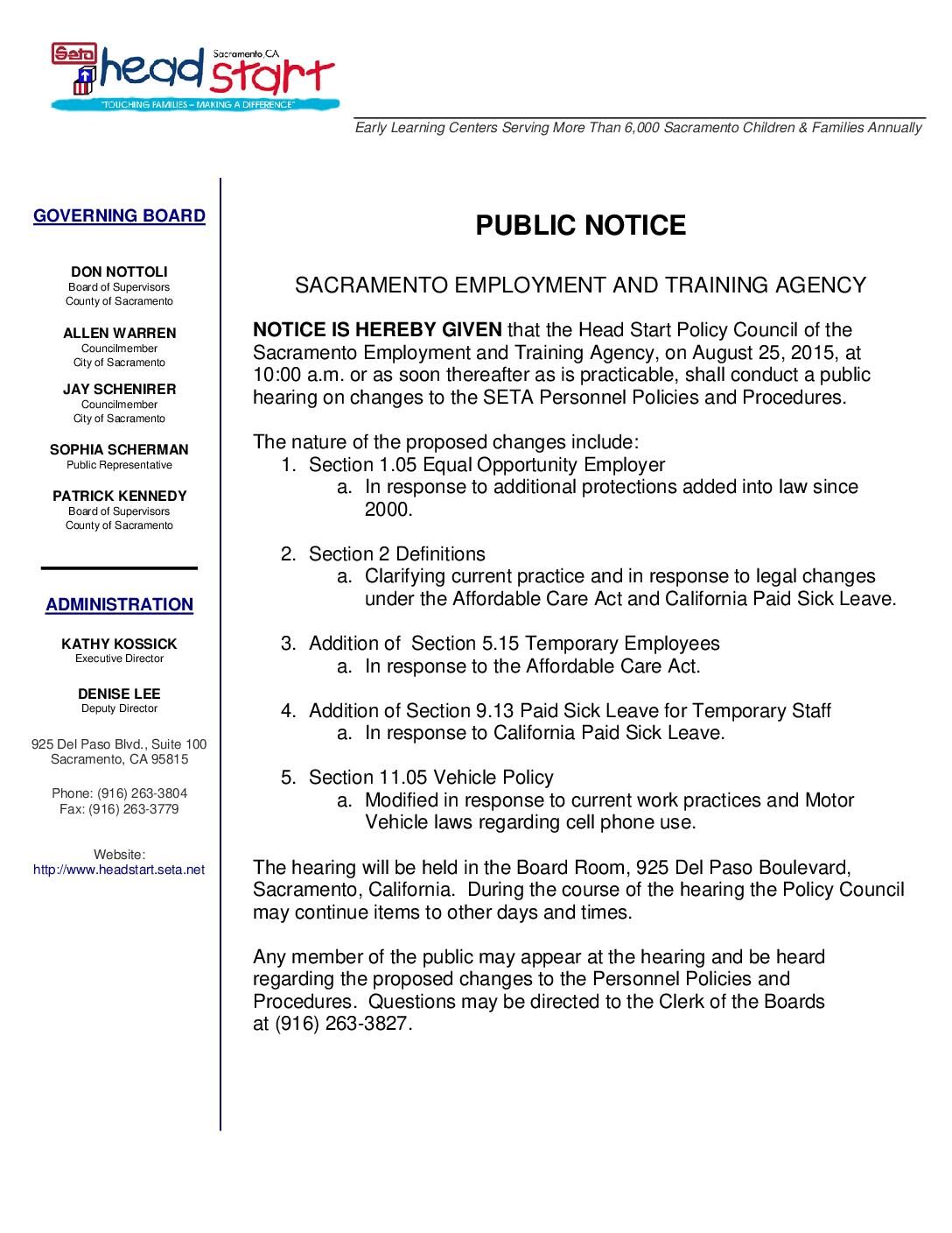 Policy Council Public Notice on Changes to the SETA Personnel Policies and Procedures