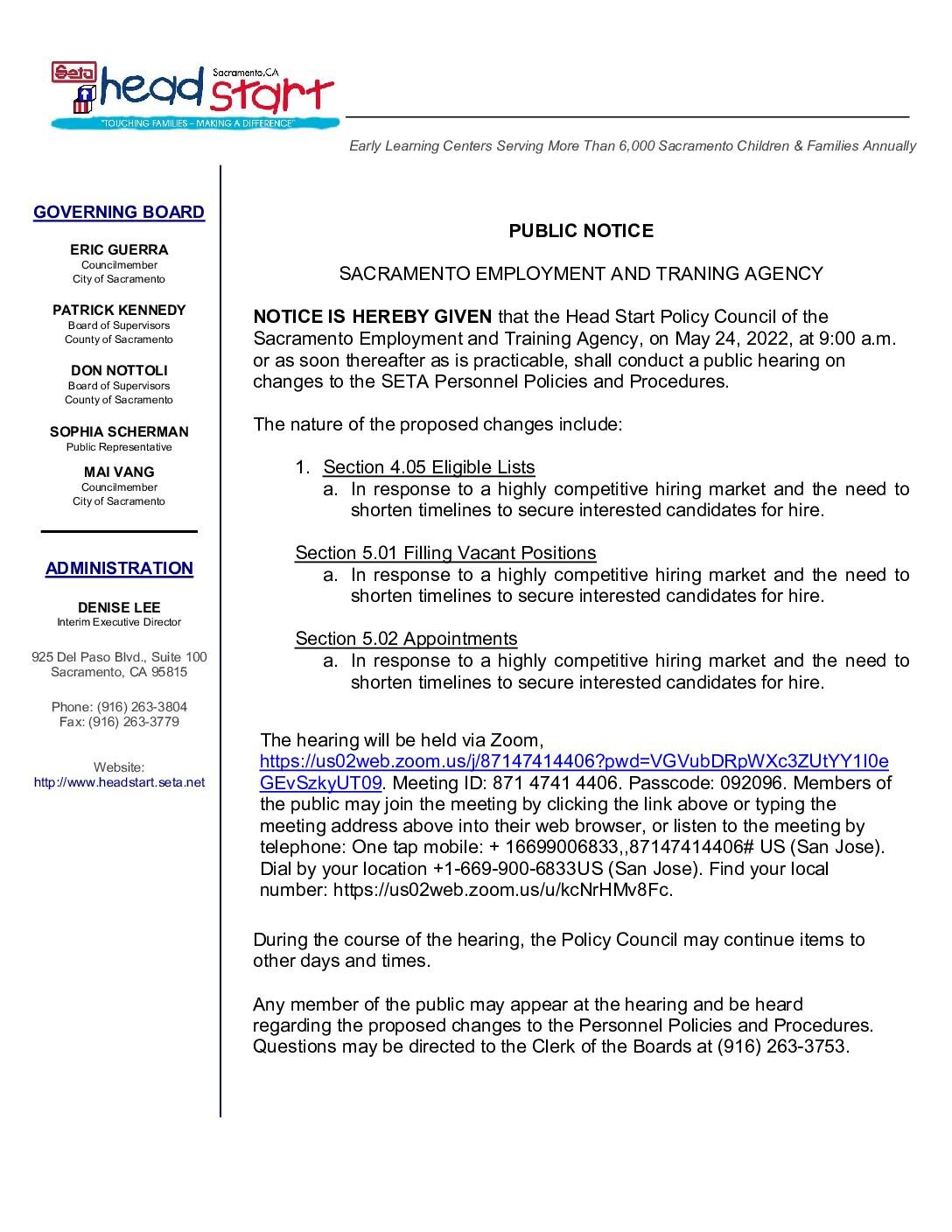 Public Notice on Changes to Personnel Policies and Procedures