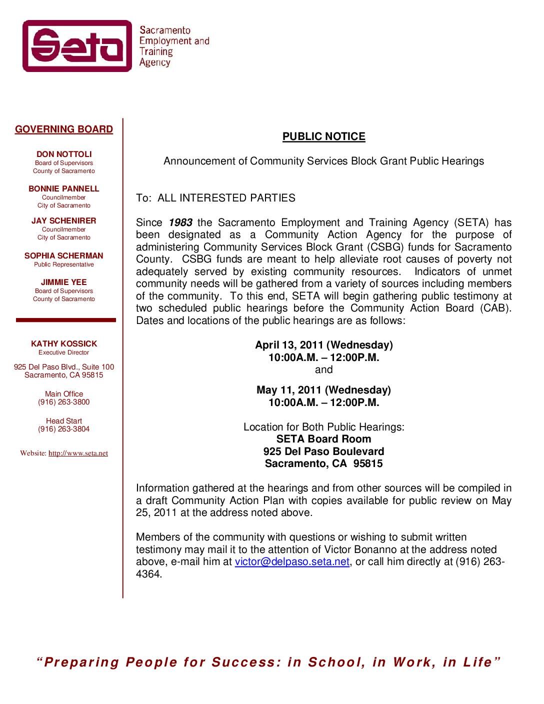 Public Notice/2012 Community Services Block Grant Public Hearings 3/11