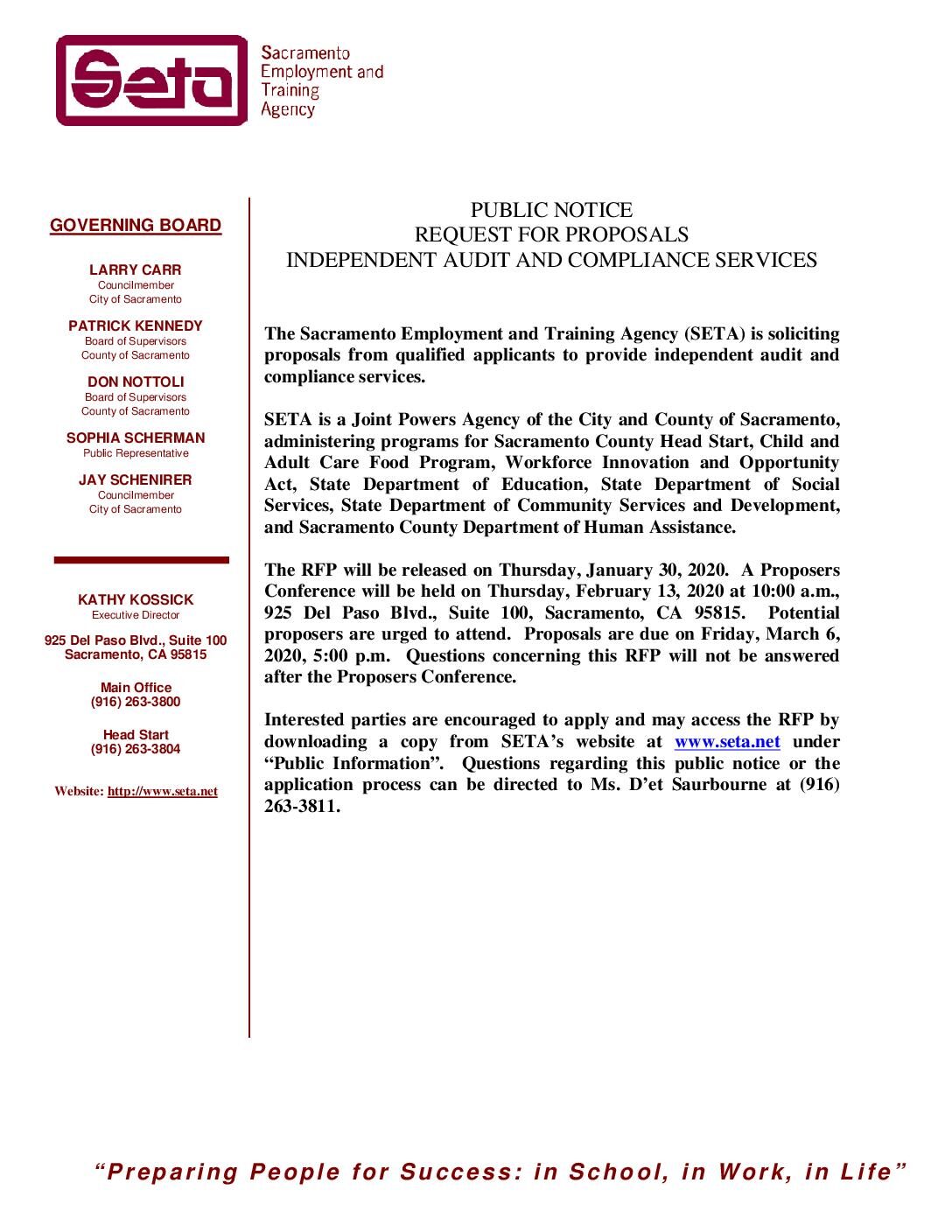 PUBLIC NOTICE – SETA 2020 Audit RFP