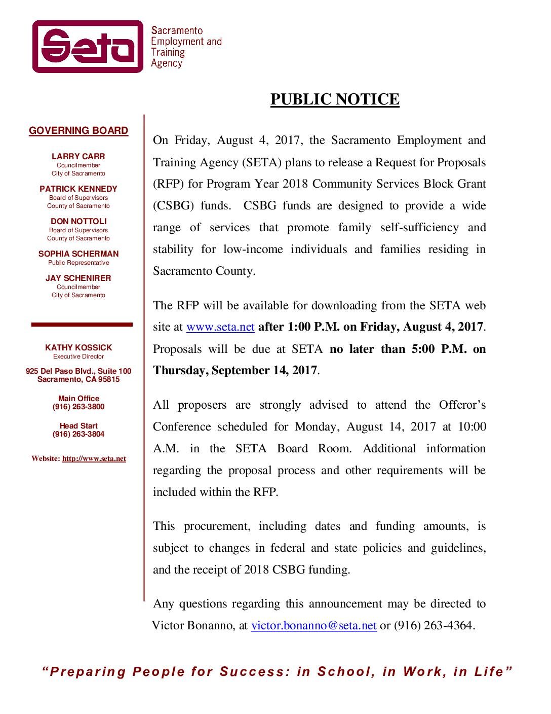 Public Notice / Community Services Block Grant RFP