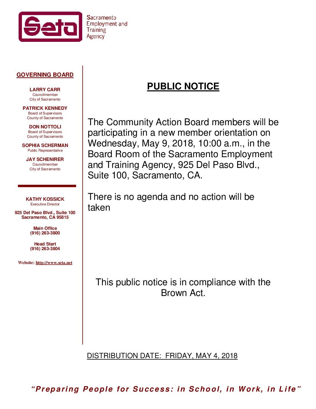 Public Notice of New Member Orientation