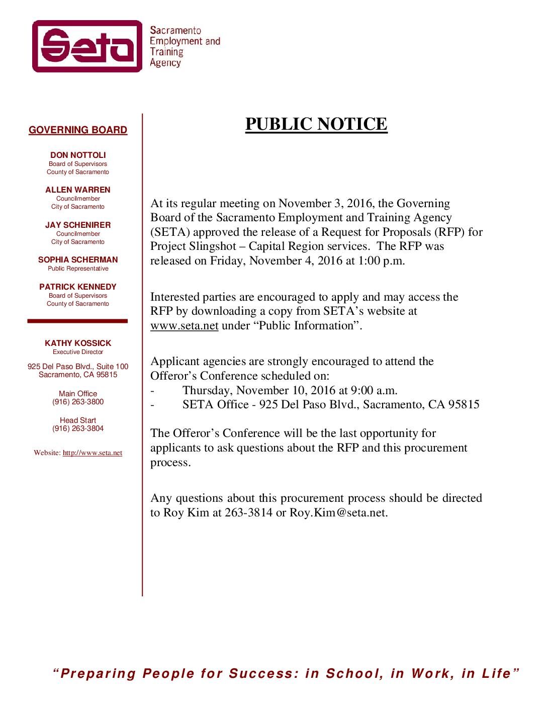 Public Notice Project Slingshot/Capital Services RFP