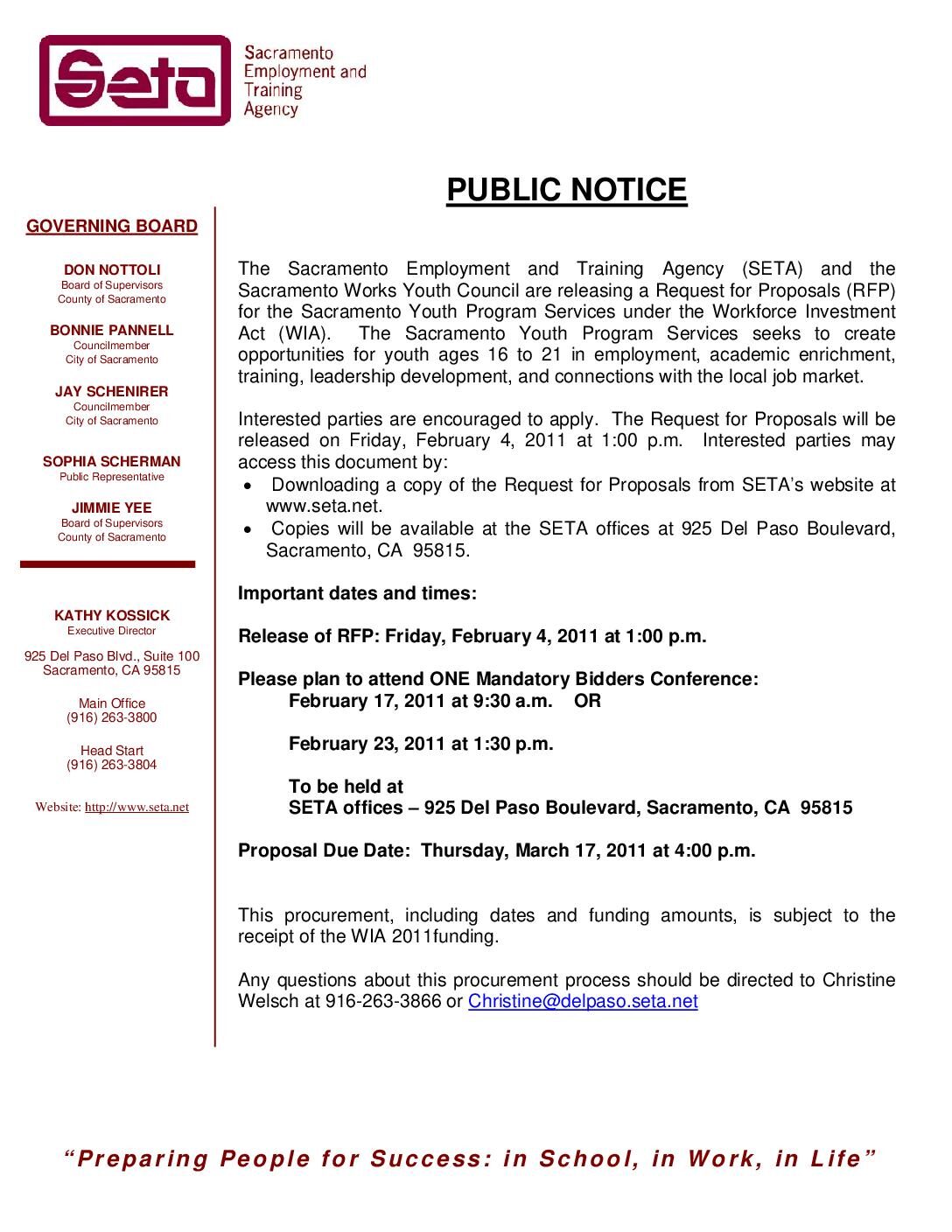 Public Notice/WIA Youth Program Services RFP 2011/2