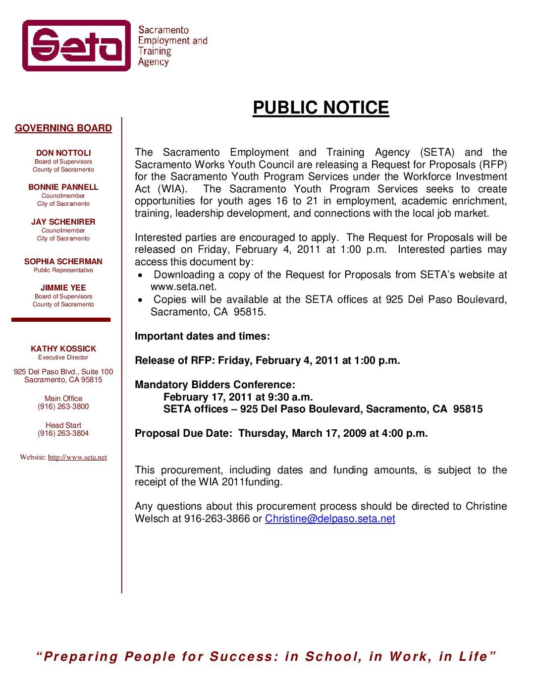Public Notice/WIA Youth Program Services RFP 2011