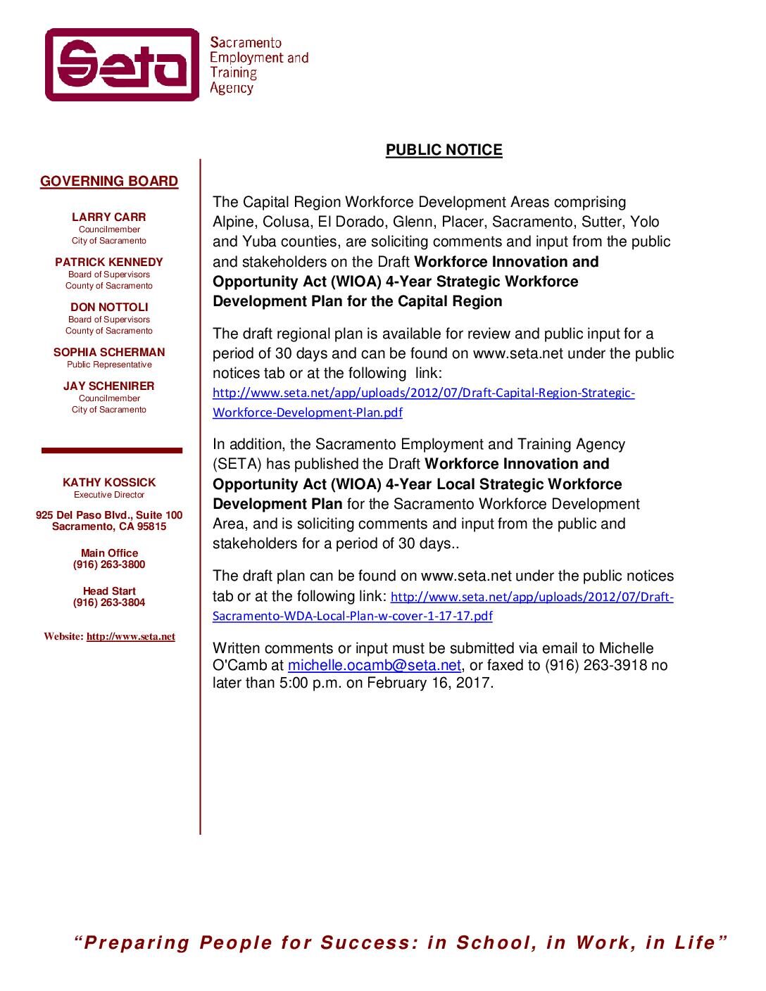 Public Notice Regional and Local Workforce Development Plans