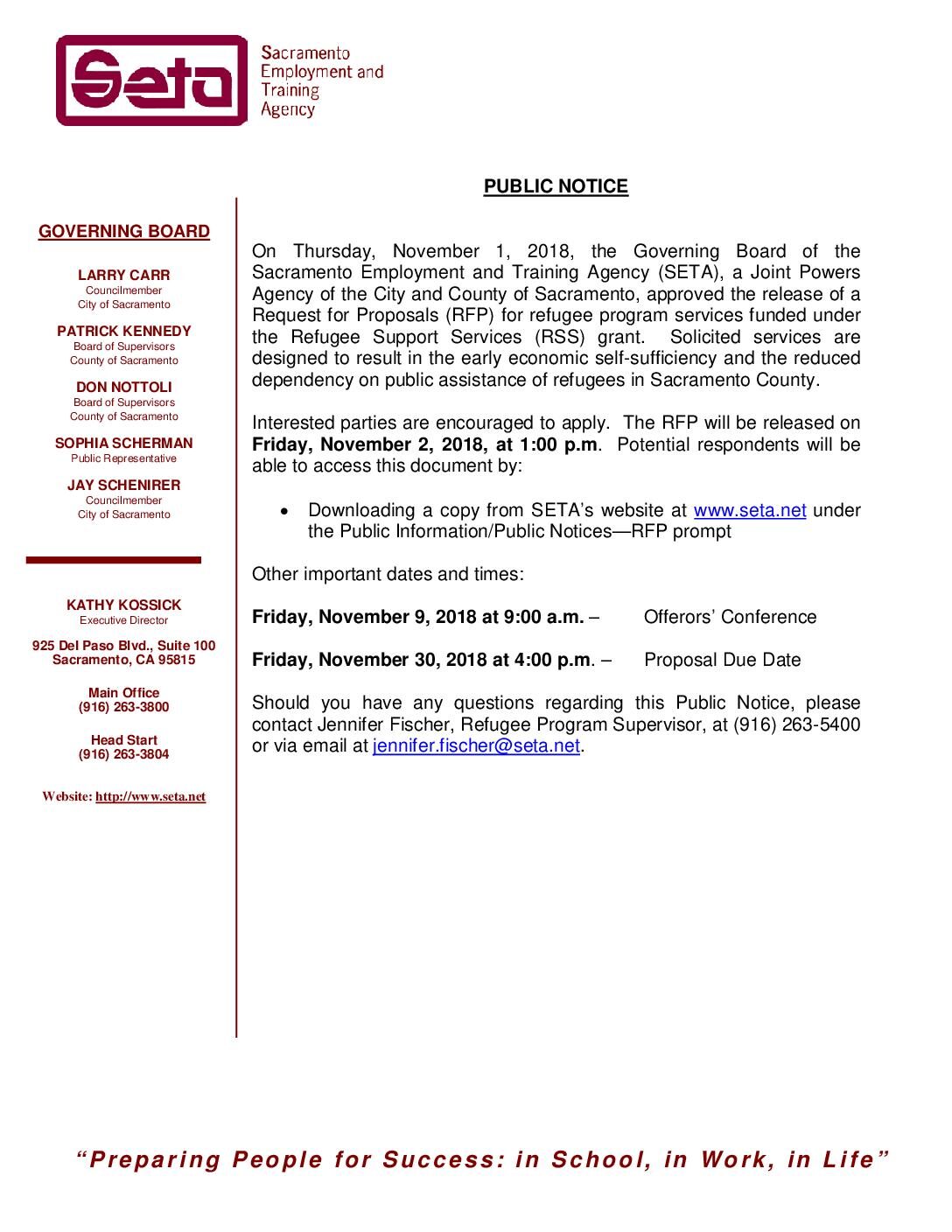 Public Notice – Release of RFP (11/02/18)