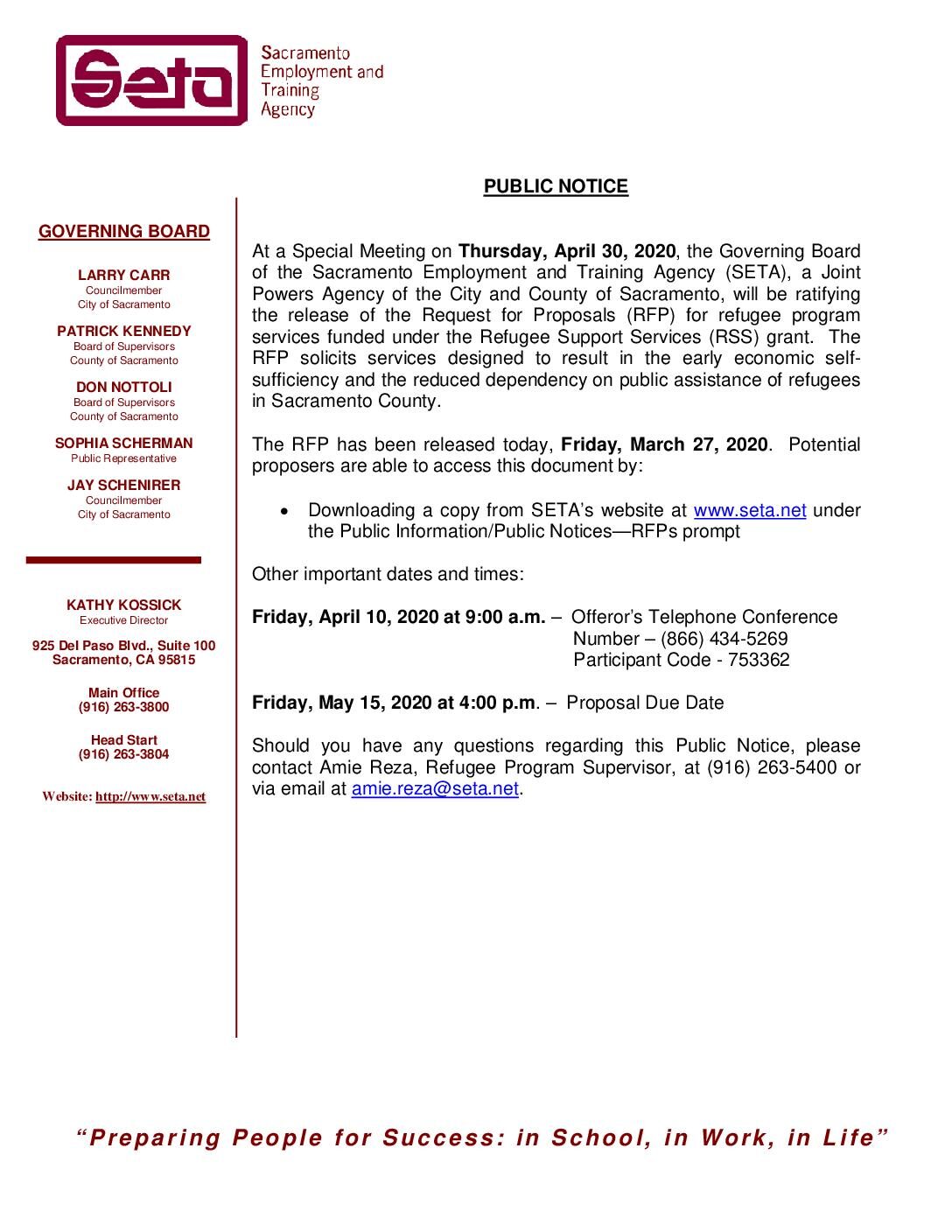 Public Notice – Release of 2020 RSS RFP (3/27/20)