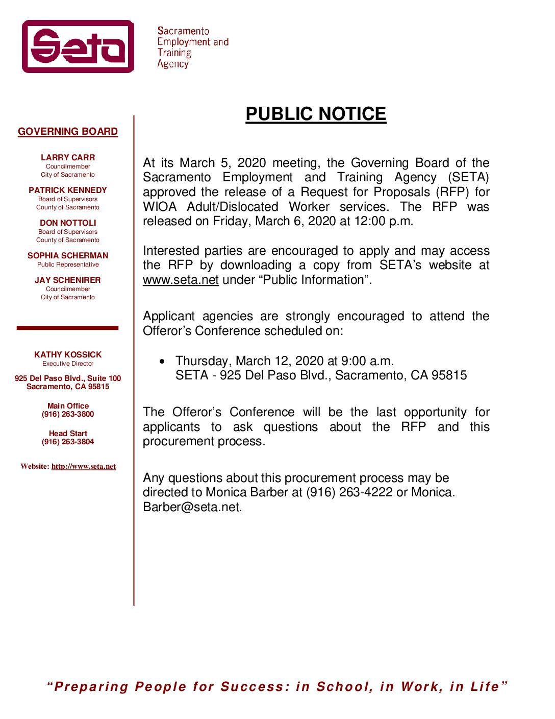 Public Notice/Release of WIOA Adult/DW RFP