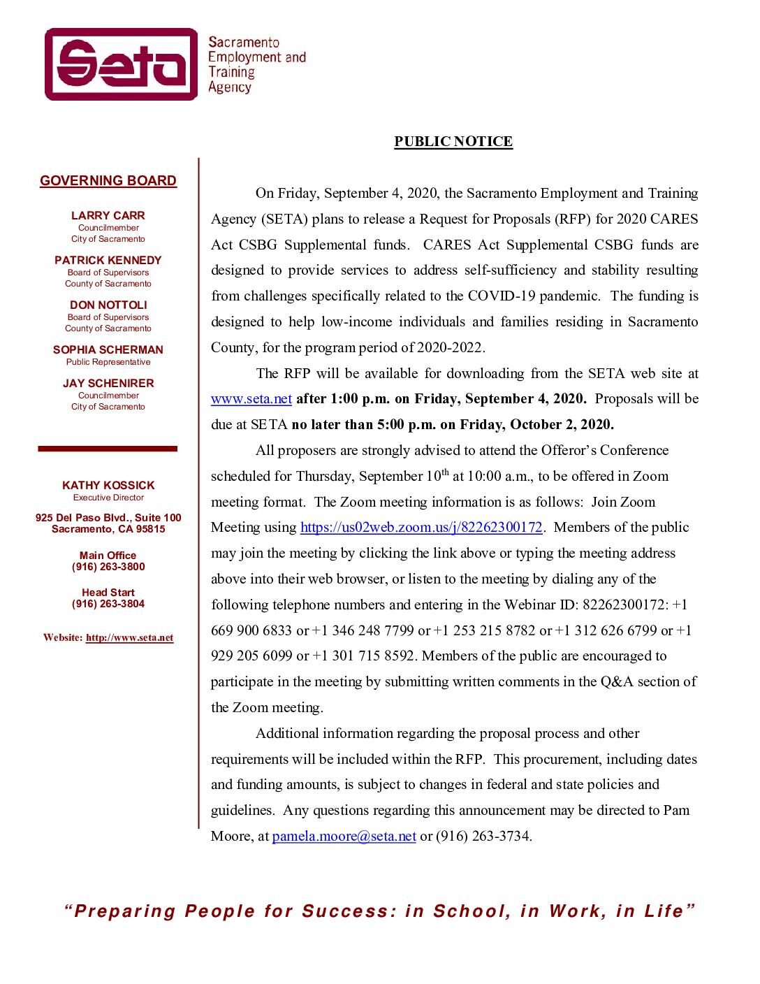 Public Notice/2020 CARES Act Supplemental CSBG Funds RFP