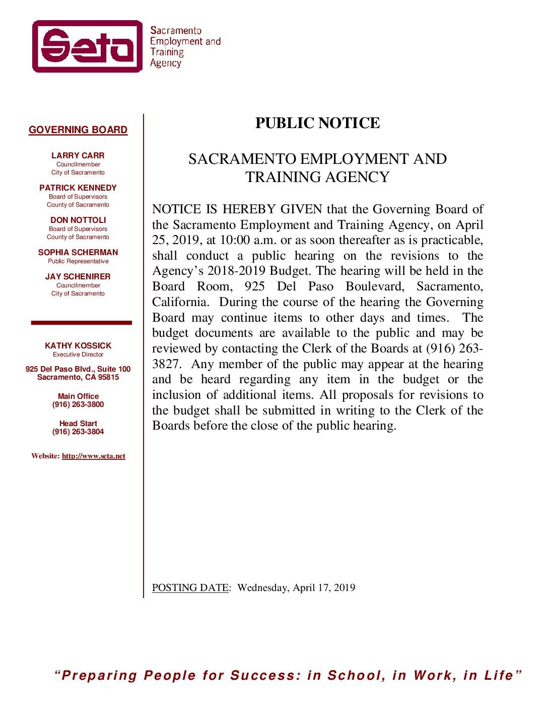 Public Notice of Budget Revisions Hearing