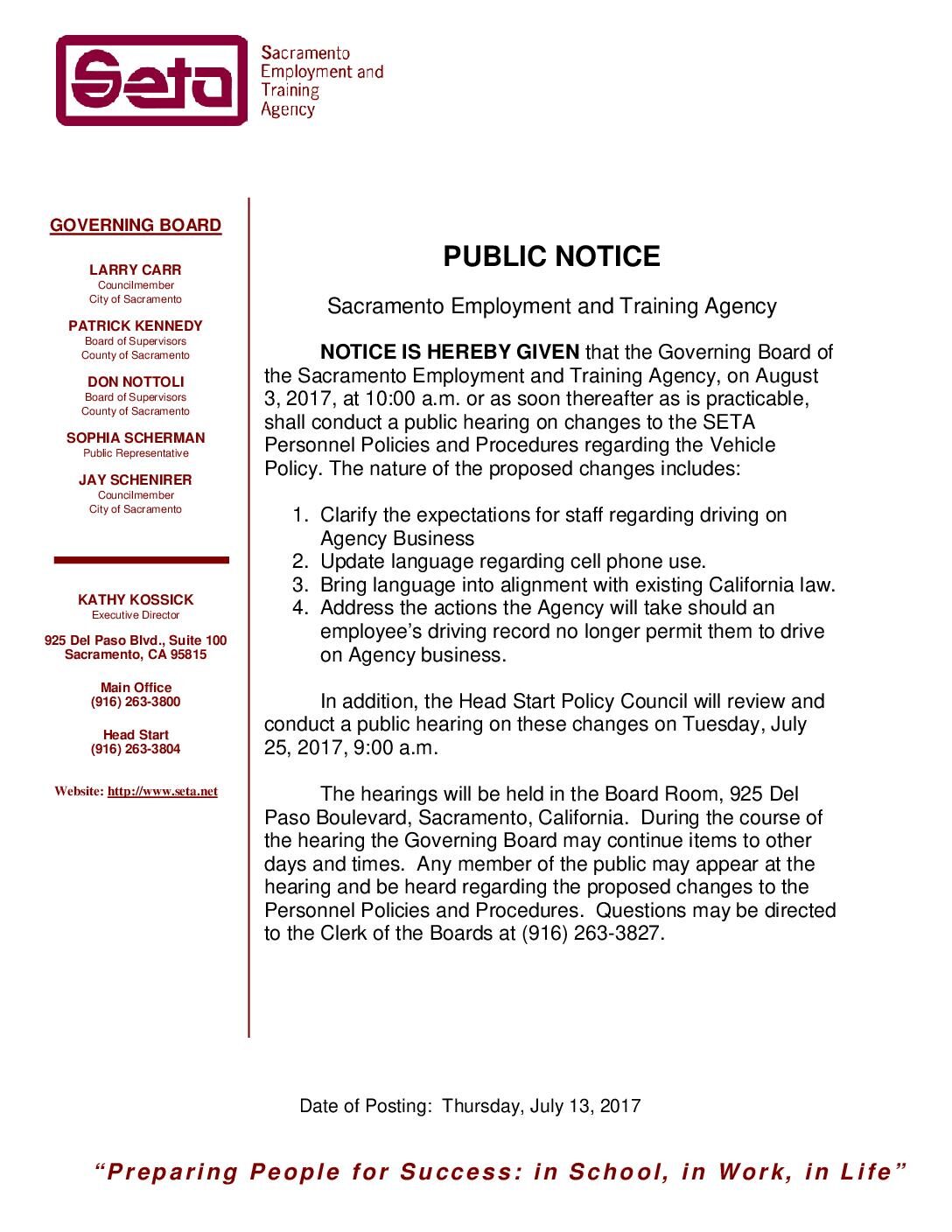 Public Notice of Change to Vehicle and Driving Policy