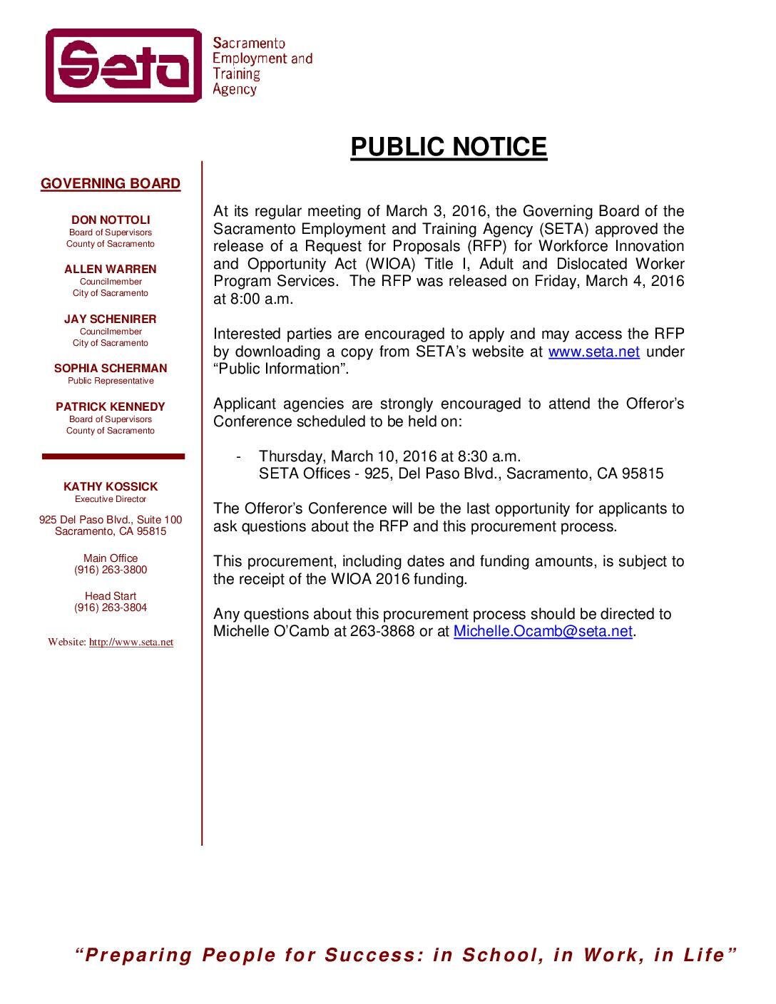 Public Notice – WIOA Adult/DW Services RFP 2016