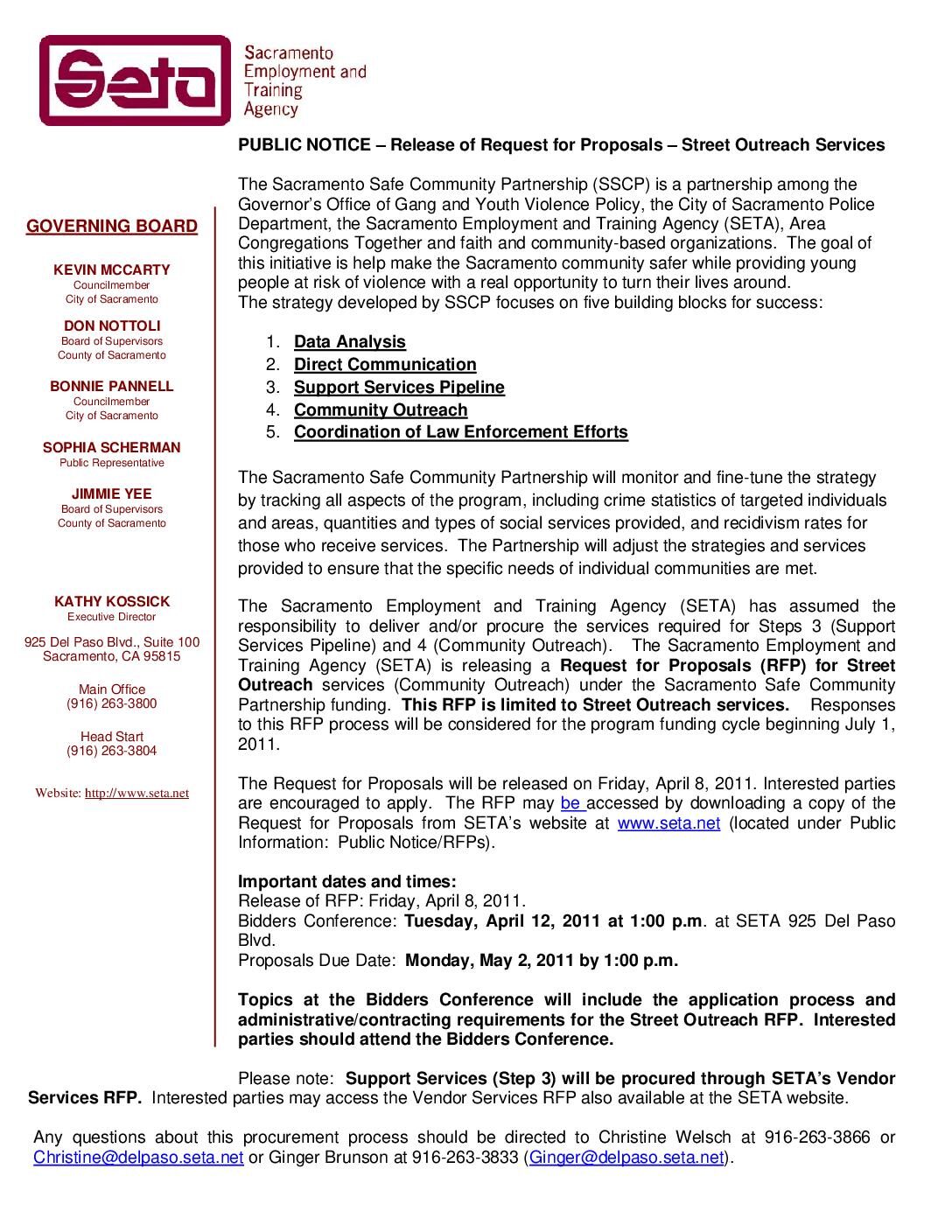 Public Notice – Street Outreach Services/Safe Community Partnership RFP