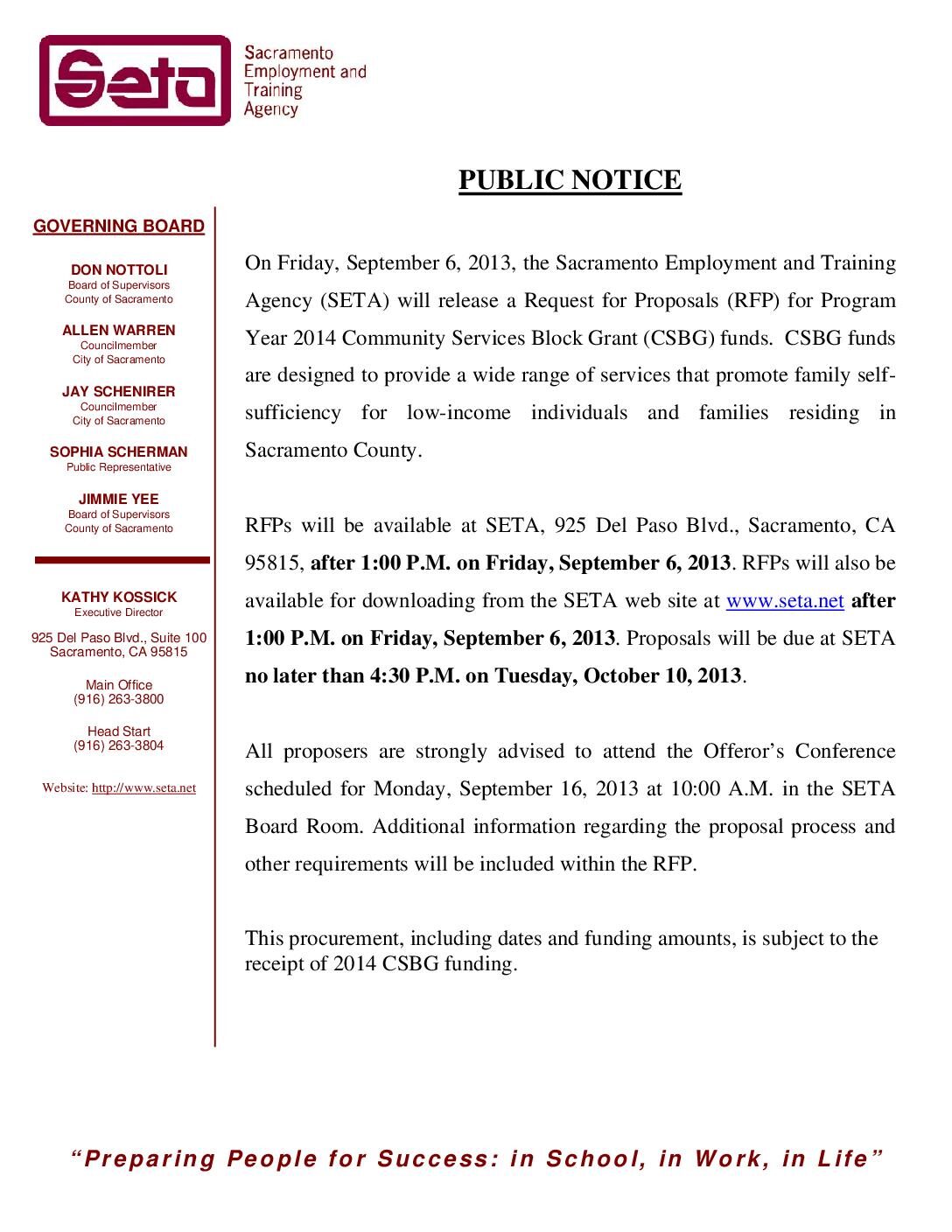 Public Notice – RFP Release for CSBG funds